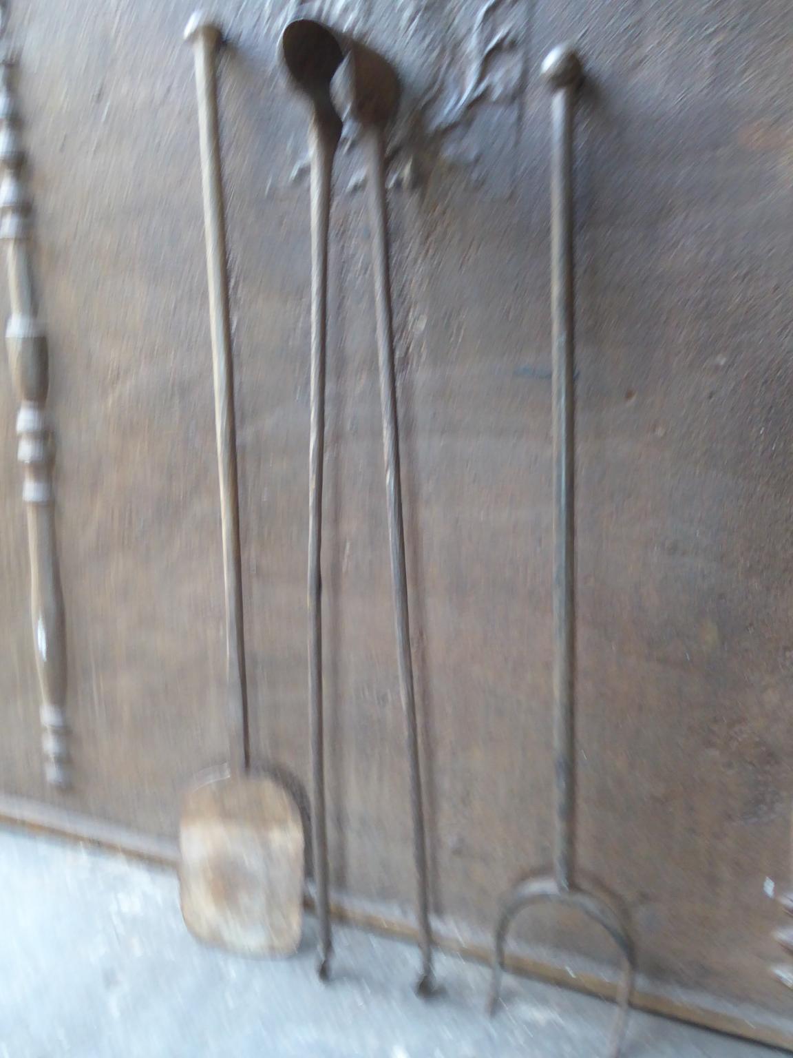 18th Century and Earlier Large French Wrought Iron Fireplace Tools or Fire Tools, 18th Century