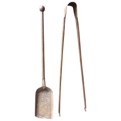 Antique Large French Wrought Iron Fireplace Tools or Fire Tools, 18th Century