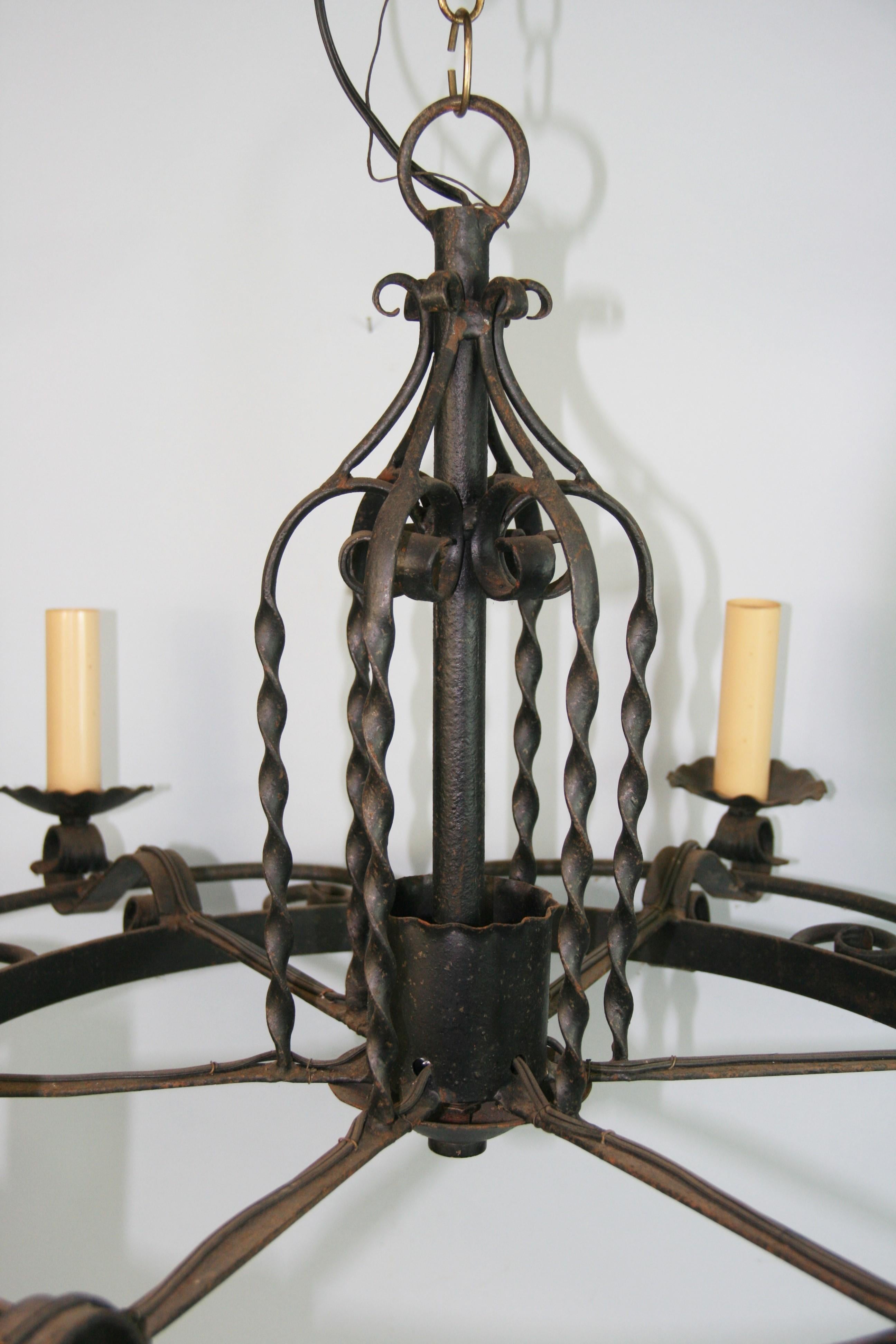 Large French Wrought Iron Hand Made   Chandelier, circa 1920s In Good Condition For Sale In Douglas Manor, NY
