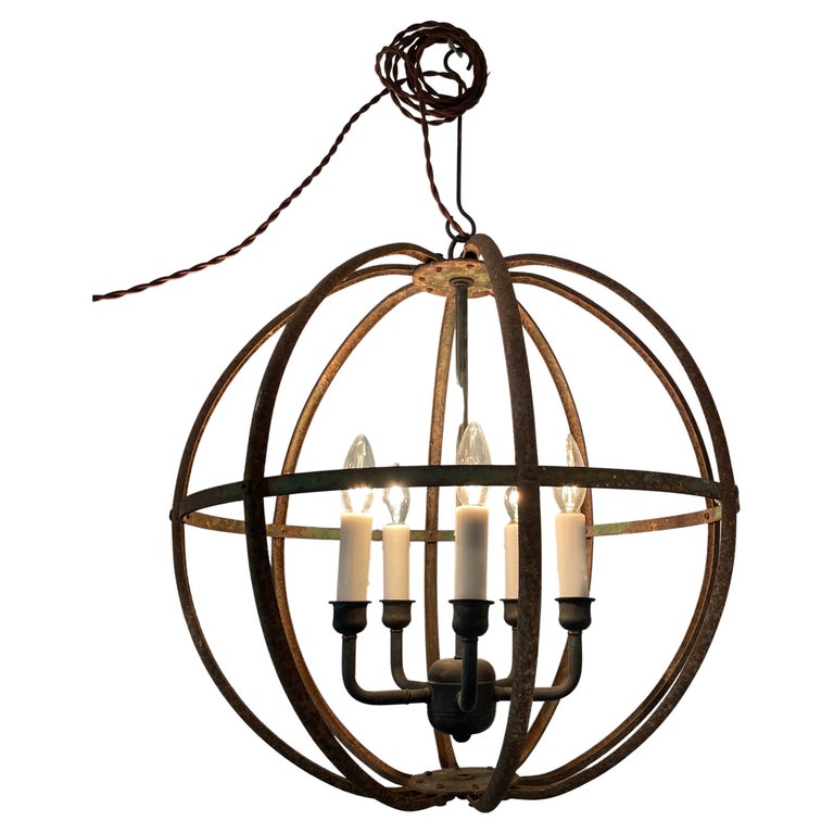 Large French Wrought Iron Industrial Sphere Chandelier For Sale at 1stDibs