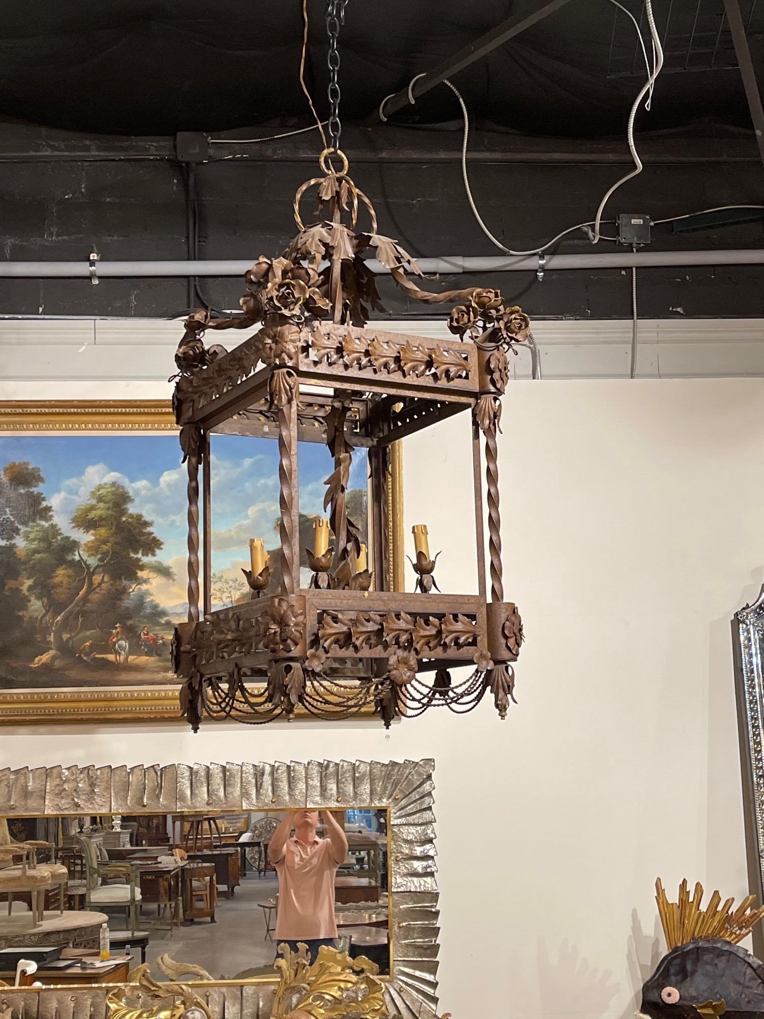 Large French Wrought Iron Lantern In Good Condition For Sale In Dallas, TX