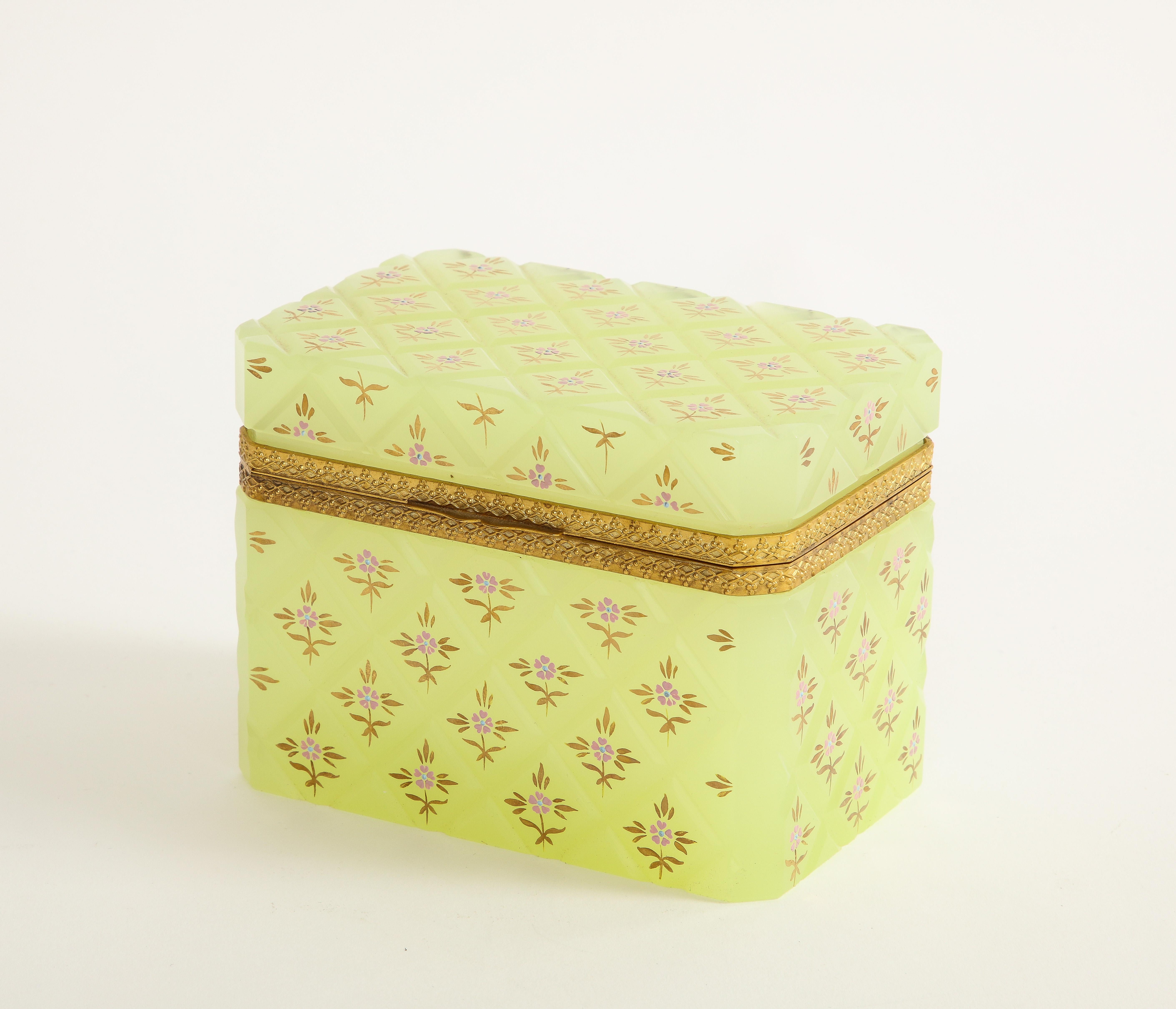 Large French Yellow Opaline Crystal Dore Bronze Mounted Box w/ Floral Enamel 4