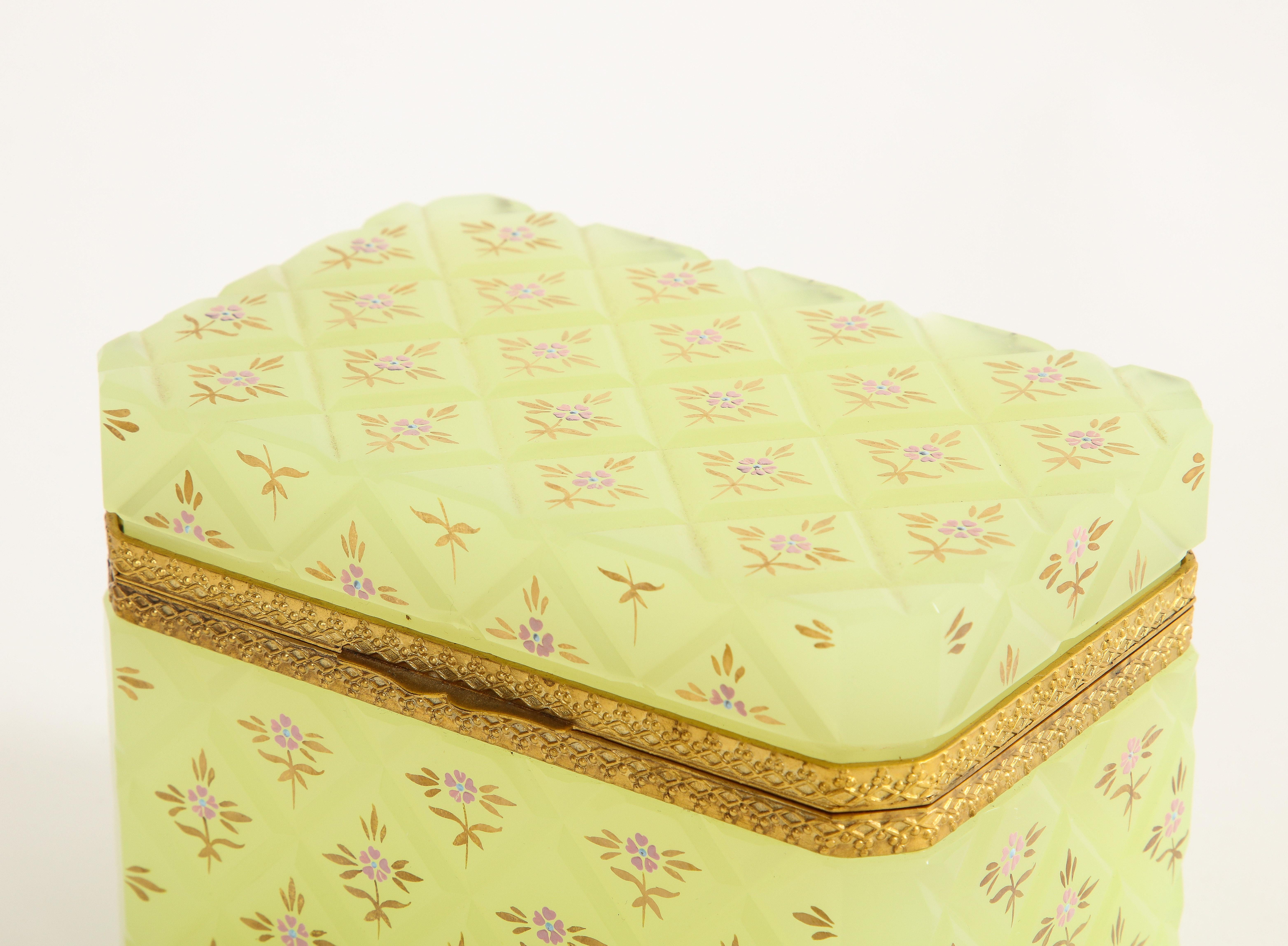 Large French Yellow Opaline Crystal Dore Bronze Mounted Box w/ Floral Enamel 5