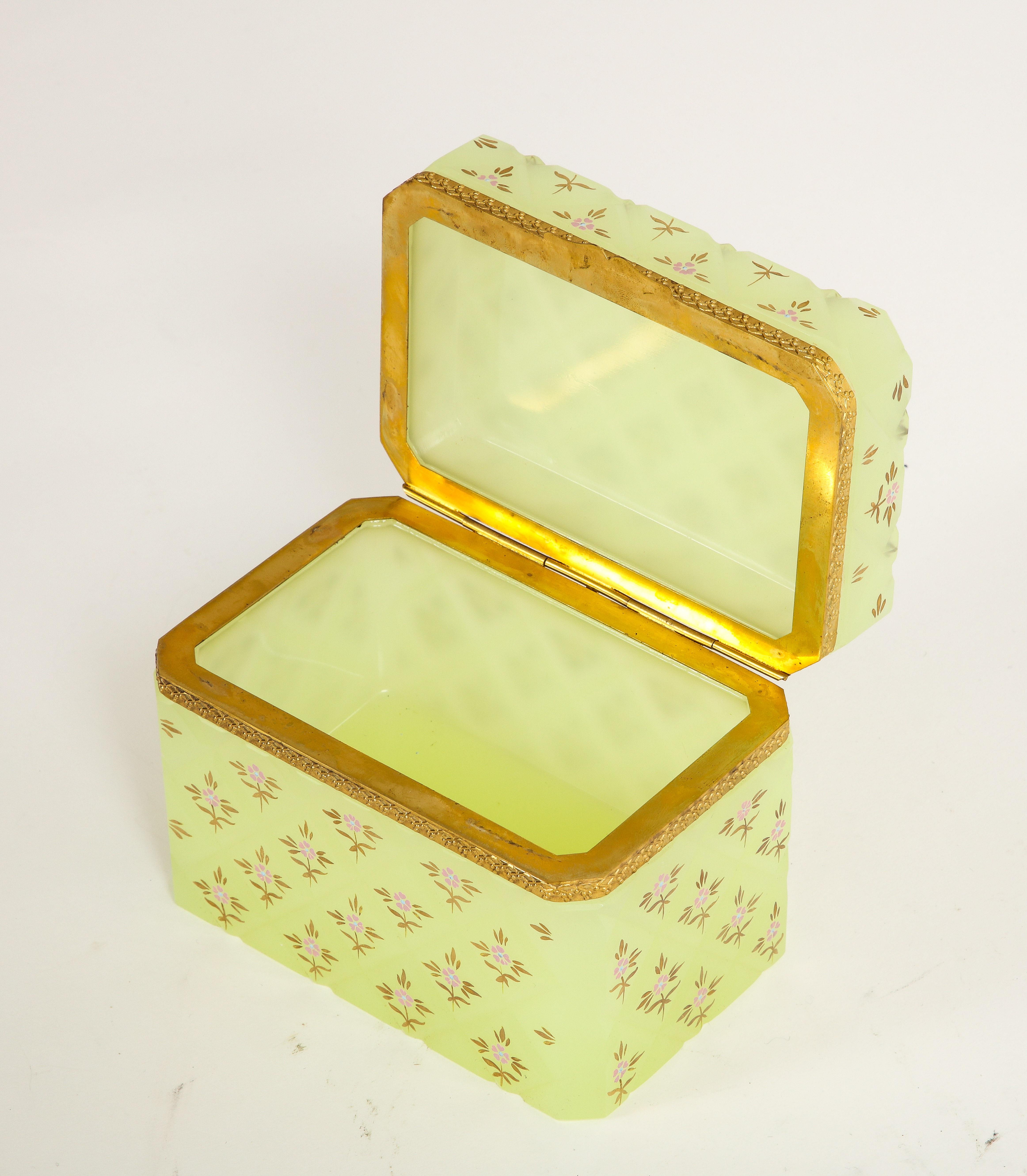 Large French Yellow Opaline Crystal Dore Bronze Mounted Box w/ Floral Enamel 6