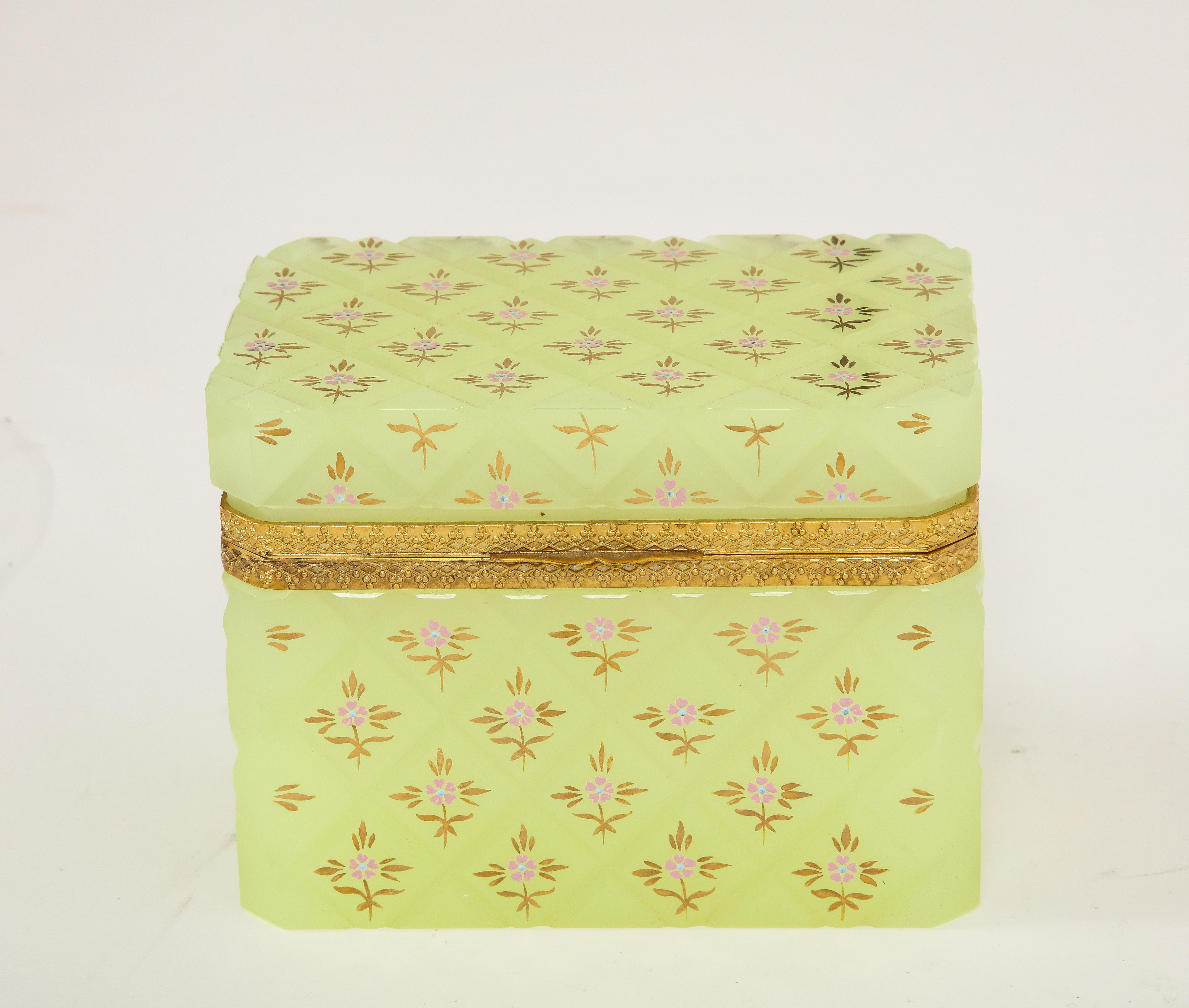 A Fantastic Large French Yellow Opaline Crystal Dore Bronze Mounted Box with Floral Enamel Hand-Painted Decoration.  This box captivates with its delicate beauty and remarkable craftsmanship, transporting you to a time of refined elegance.  The