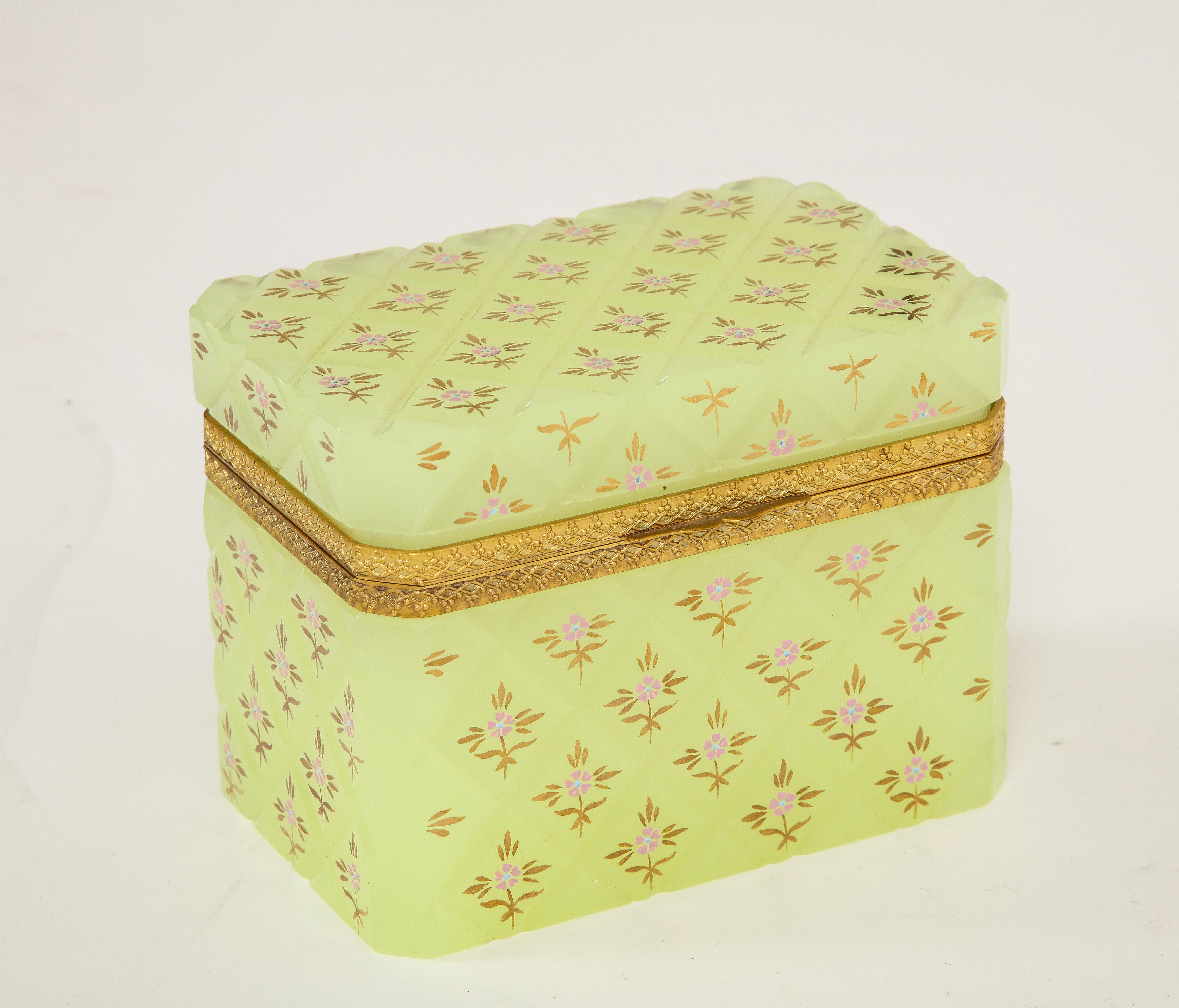 Louis XVI Large French Yellow Opaline Crystal Dore Bronze Mounted Box w/ Floral Enamel