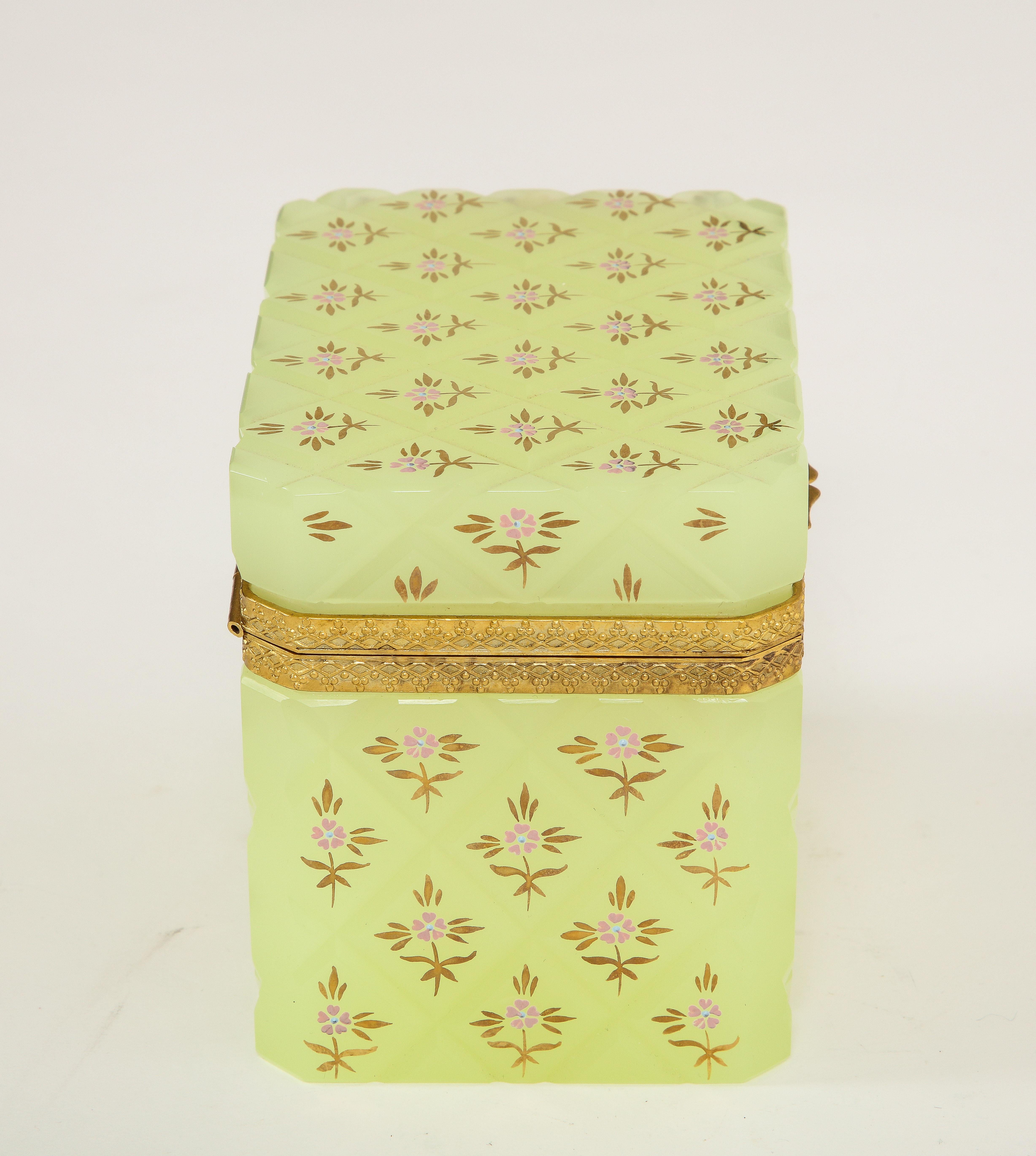 Carved Large French Yellow Opaline Crystal Dore Bronze Mounted Box w/ Floral Enamel