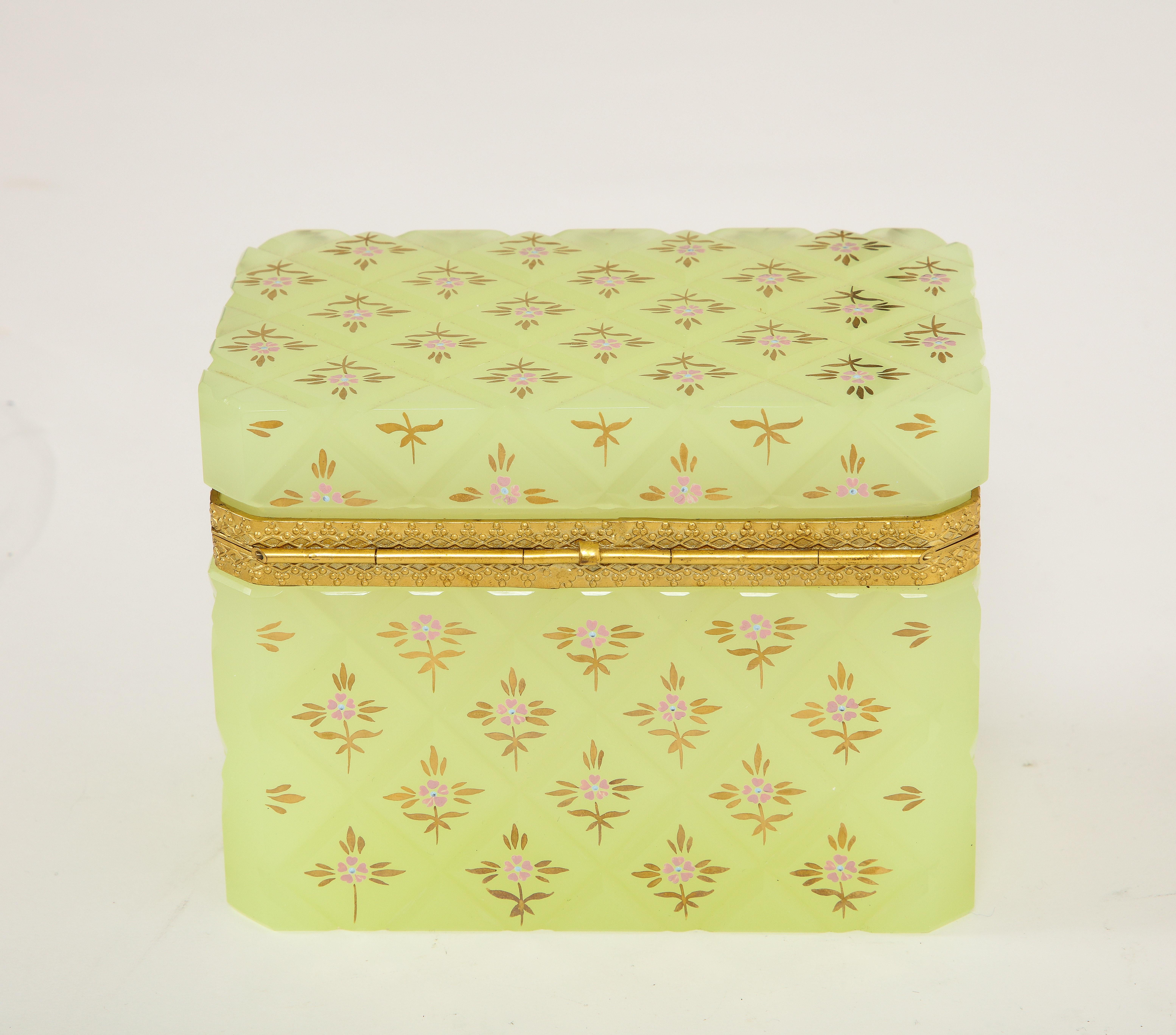 Large French Yellow Opaline Crystal Dore Bronze Mounted Box w/ Floral Enamel In Good Condition In New York, NY