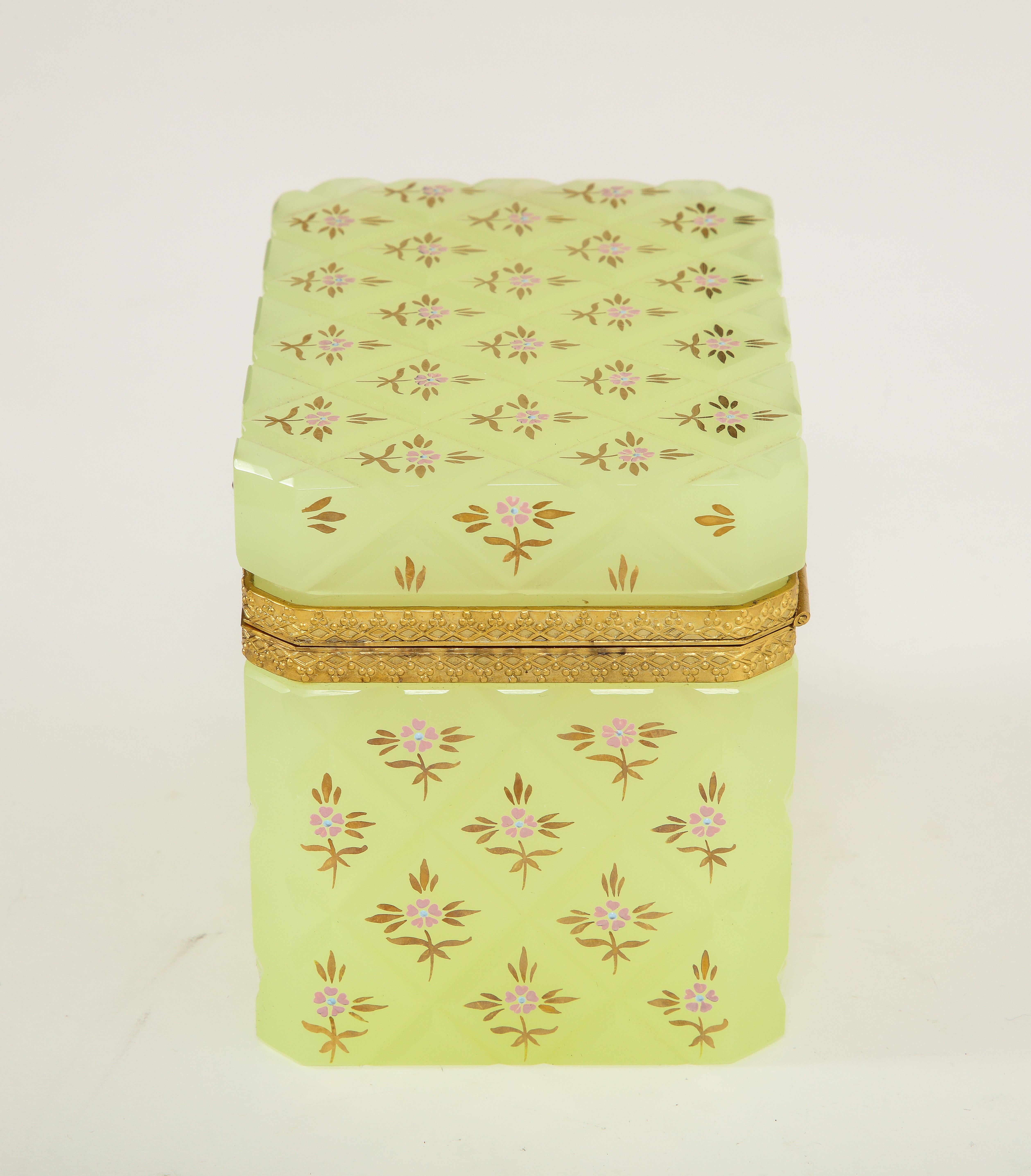 Late 19th Century Large French Yellow Opaline Crystal Dore Bronze Mounted Box w/ Floral Enamel