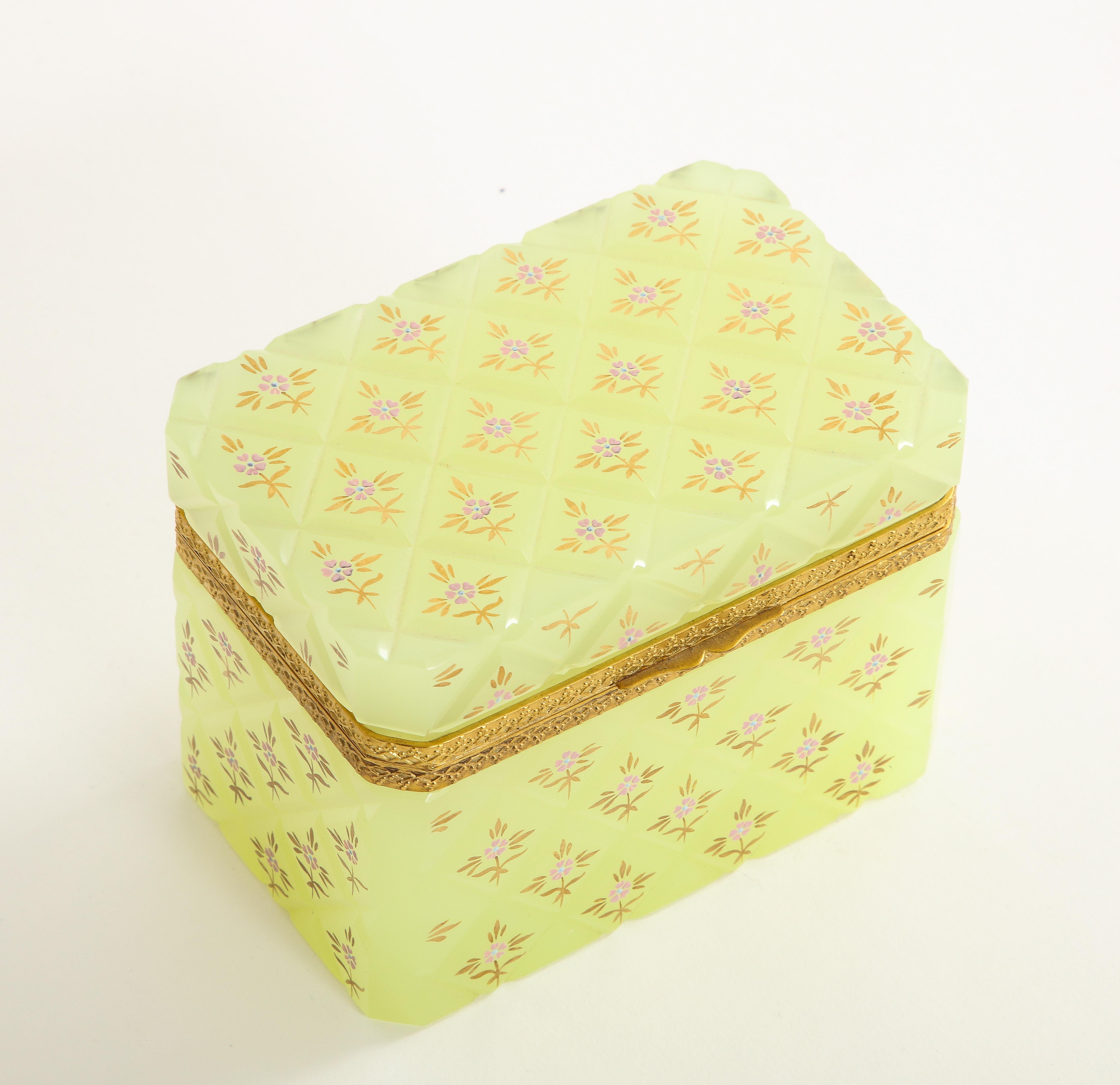 Opaline Glass Large French Yellow Opaline Crystal Dore Bronze Mounted Box w/ Floral Enamel