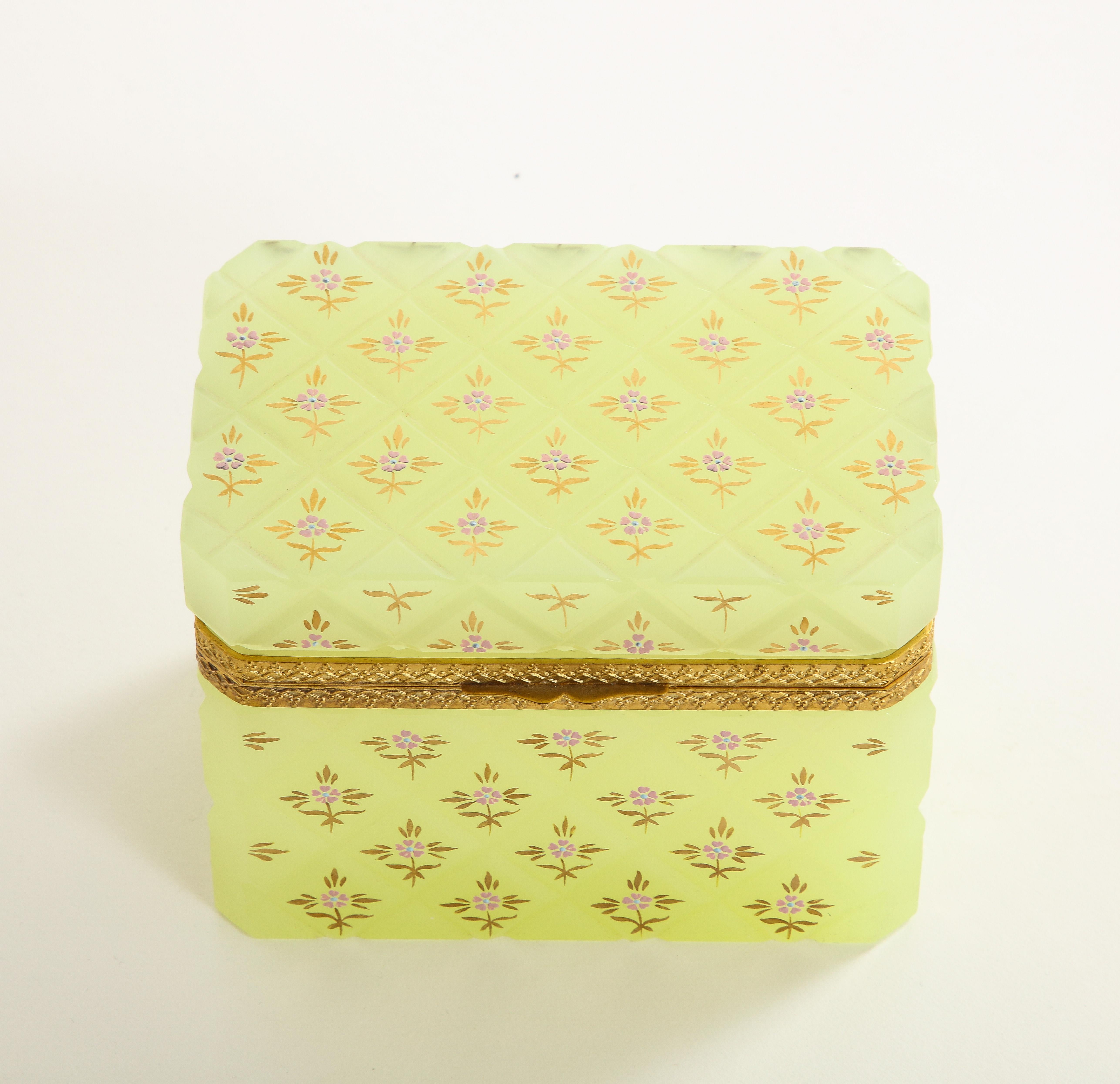 Large French Yellow Opaline Crystal Dore Bronze Mounted Box w/ Floral Enamel 1