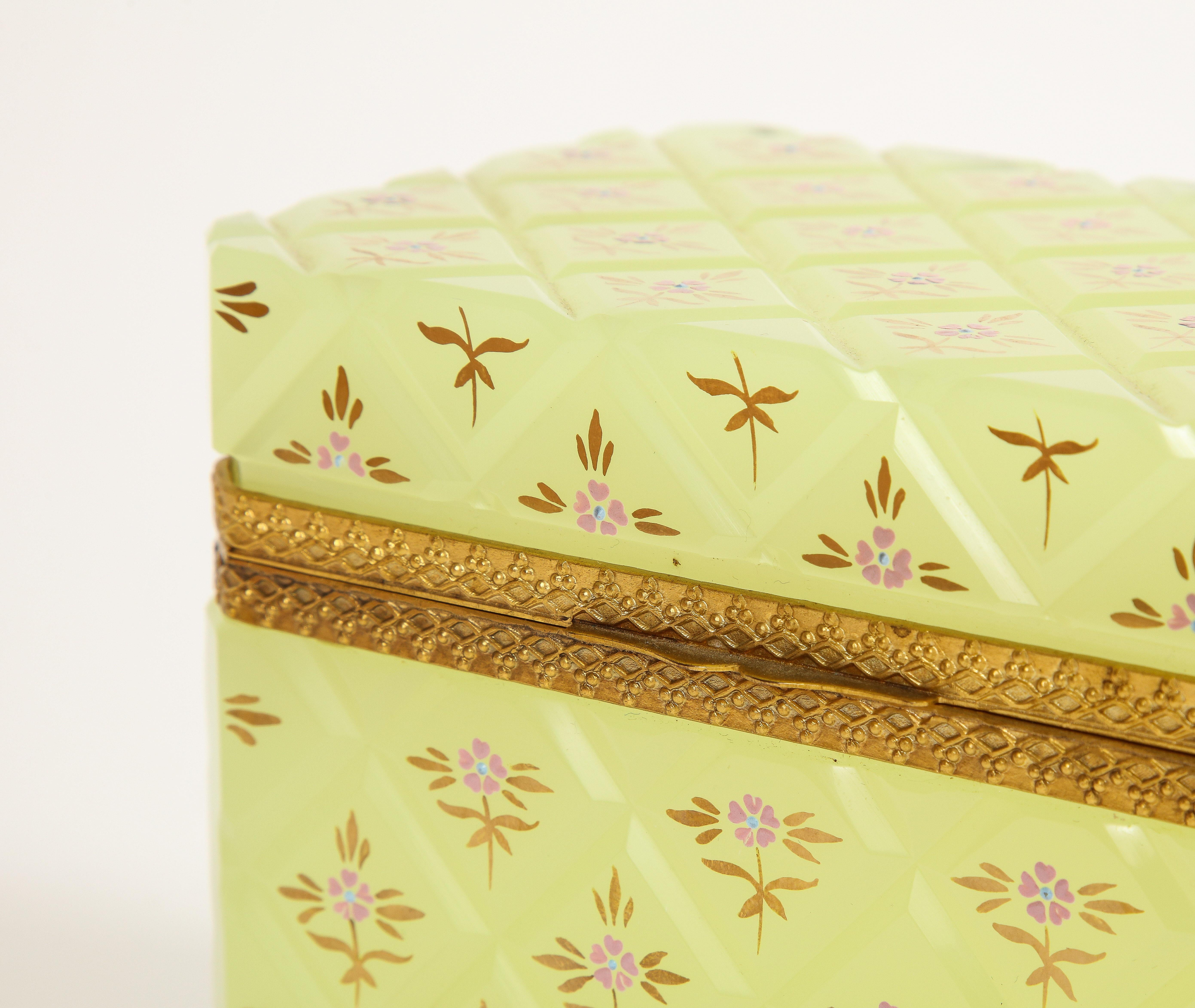 Large French Yellow Opaline Crystal Dore Bronze Mounted Box w/ Floral Enamel 2