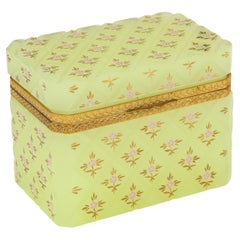 Large French Yellow Opaline Crystal Dore Bronze Mounted Box w/ Floral Enamel