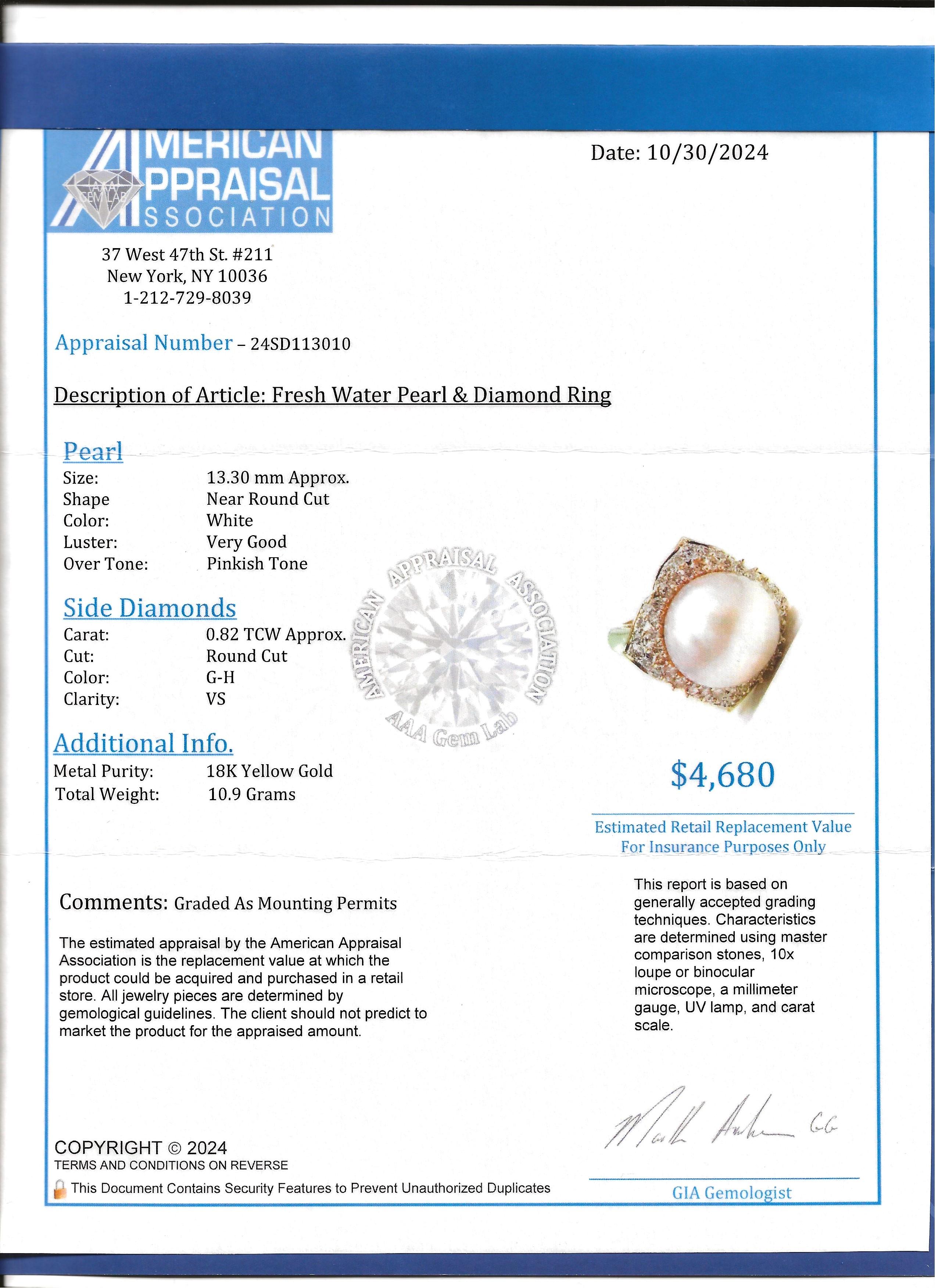 Large Fresh Water Pearl and Pavé Diamond Cocktail Ring in 18 Karat Yellow Gold For Sale 5