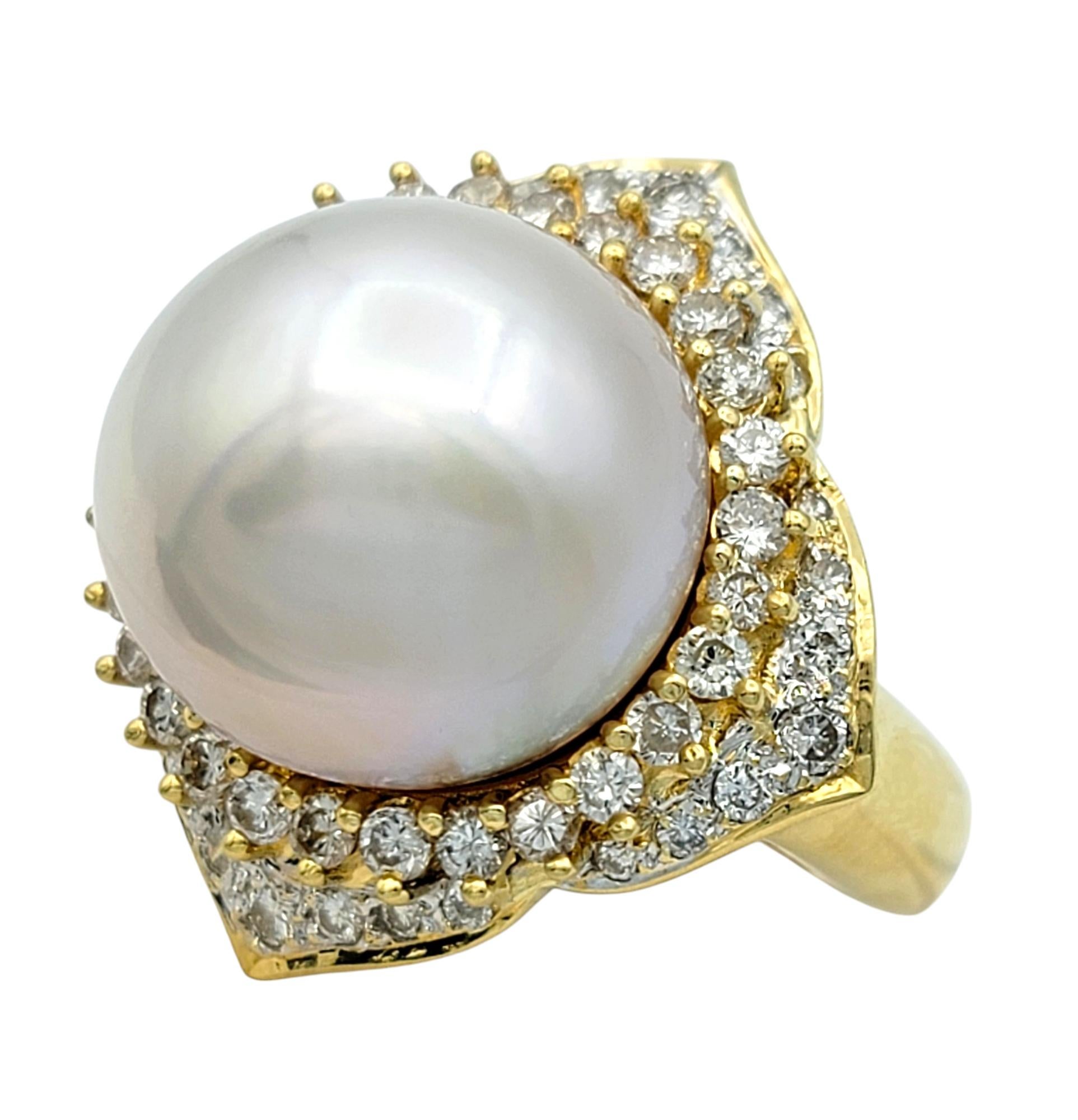 Contemporary Large Fresh Water Pearl and Pavé Diamond Cocktail Ring in 18 Karat Yellow Gold For Sale