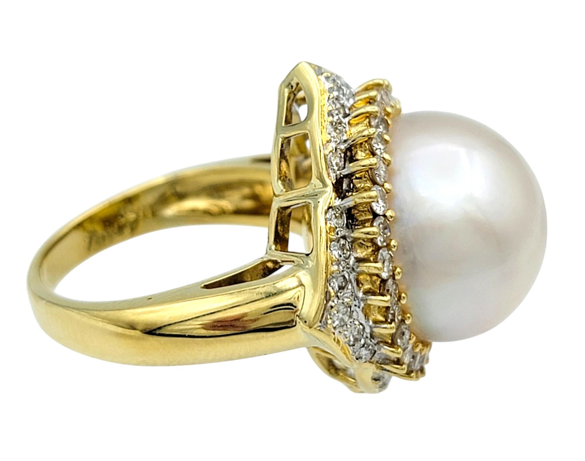 Round Cut Large Fresh Water Pearl and Pavé Diamond Cocktail Ring in 18 Karat Yellow Gold For Sale