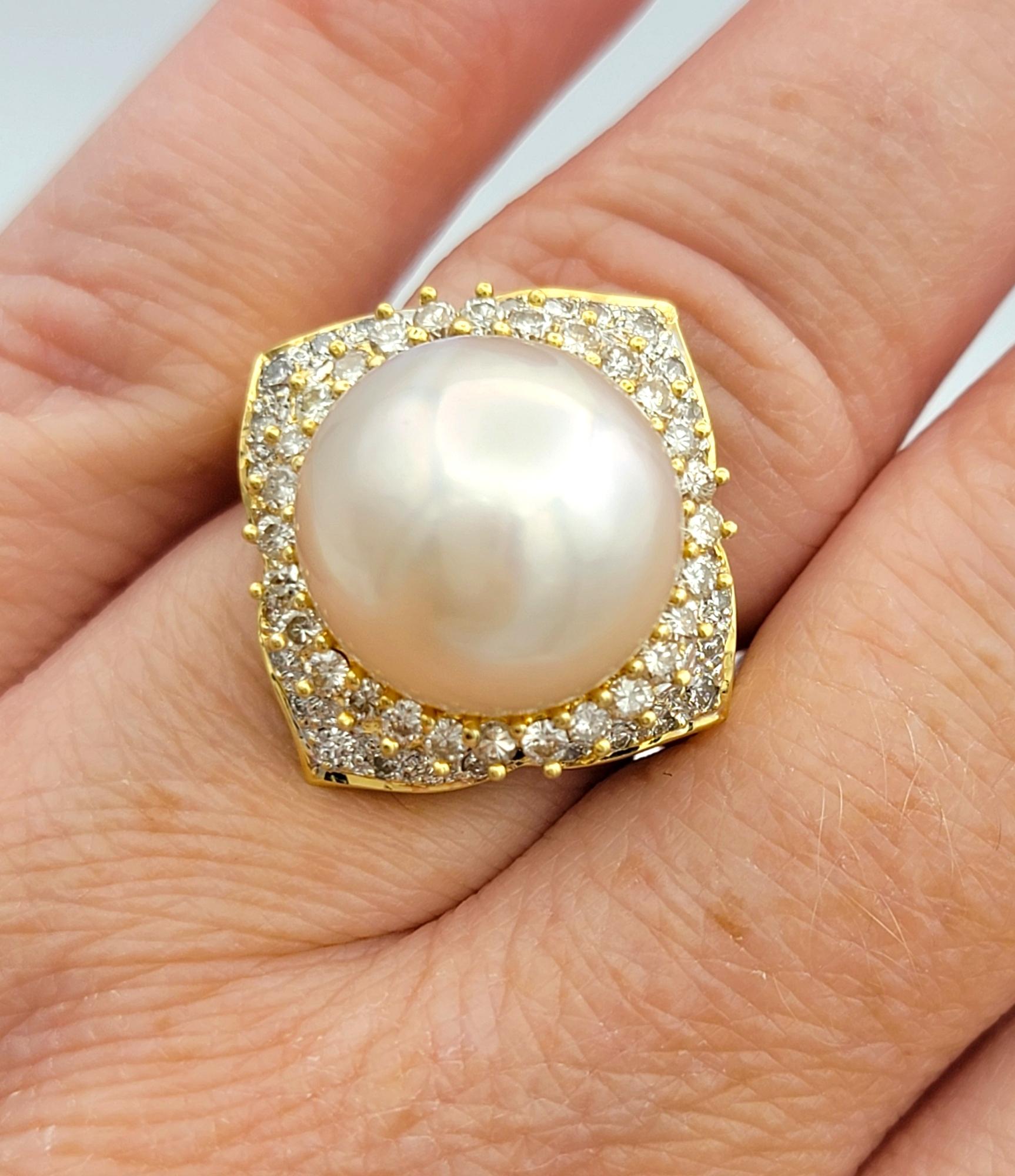 Large Fresh Water Pearl and Pavé Diamond Cocktail Ring in 18 Karat Yellow Gold For Sale 2