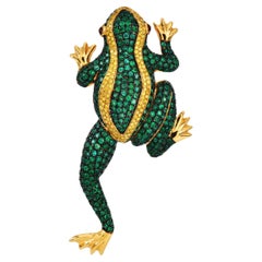 Large Frog Pin with Fancy Yellow Diamonds, Emeralds & Rubies Gold Pin