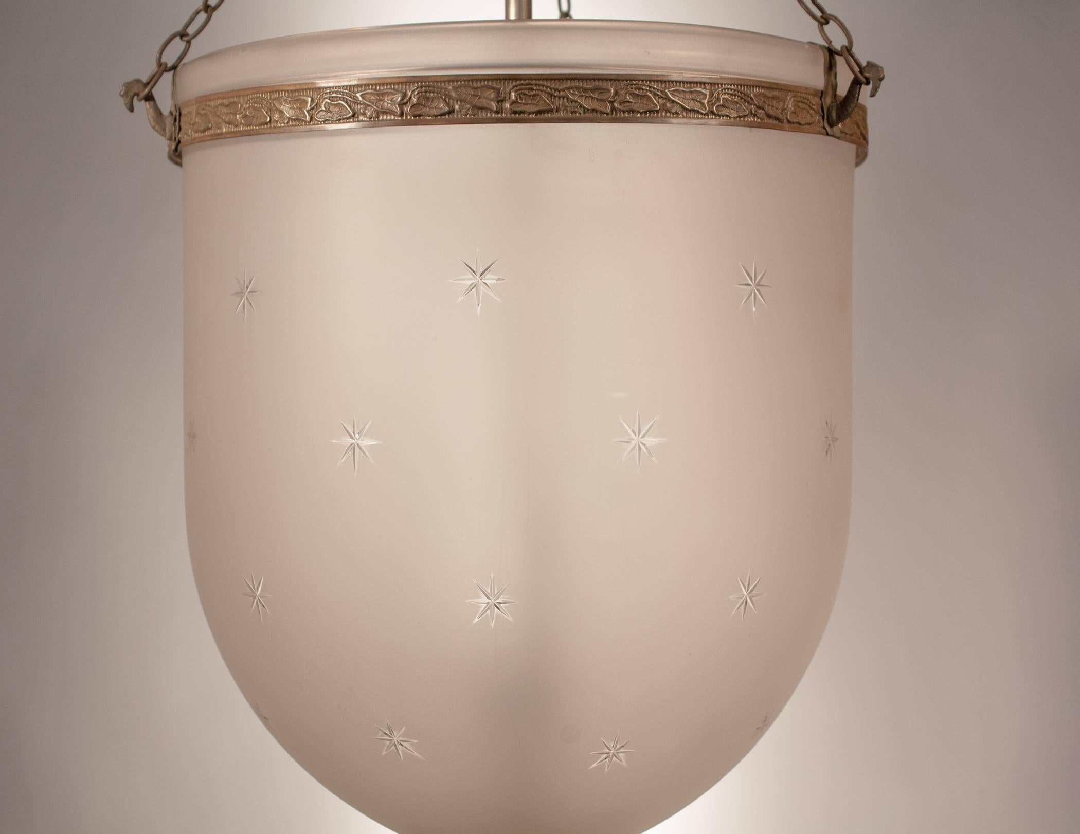 Large Frosted Bell Jar Lantern with Star Etching In Good Condition In Heath, MA