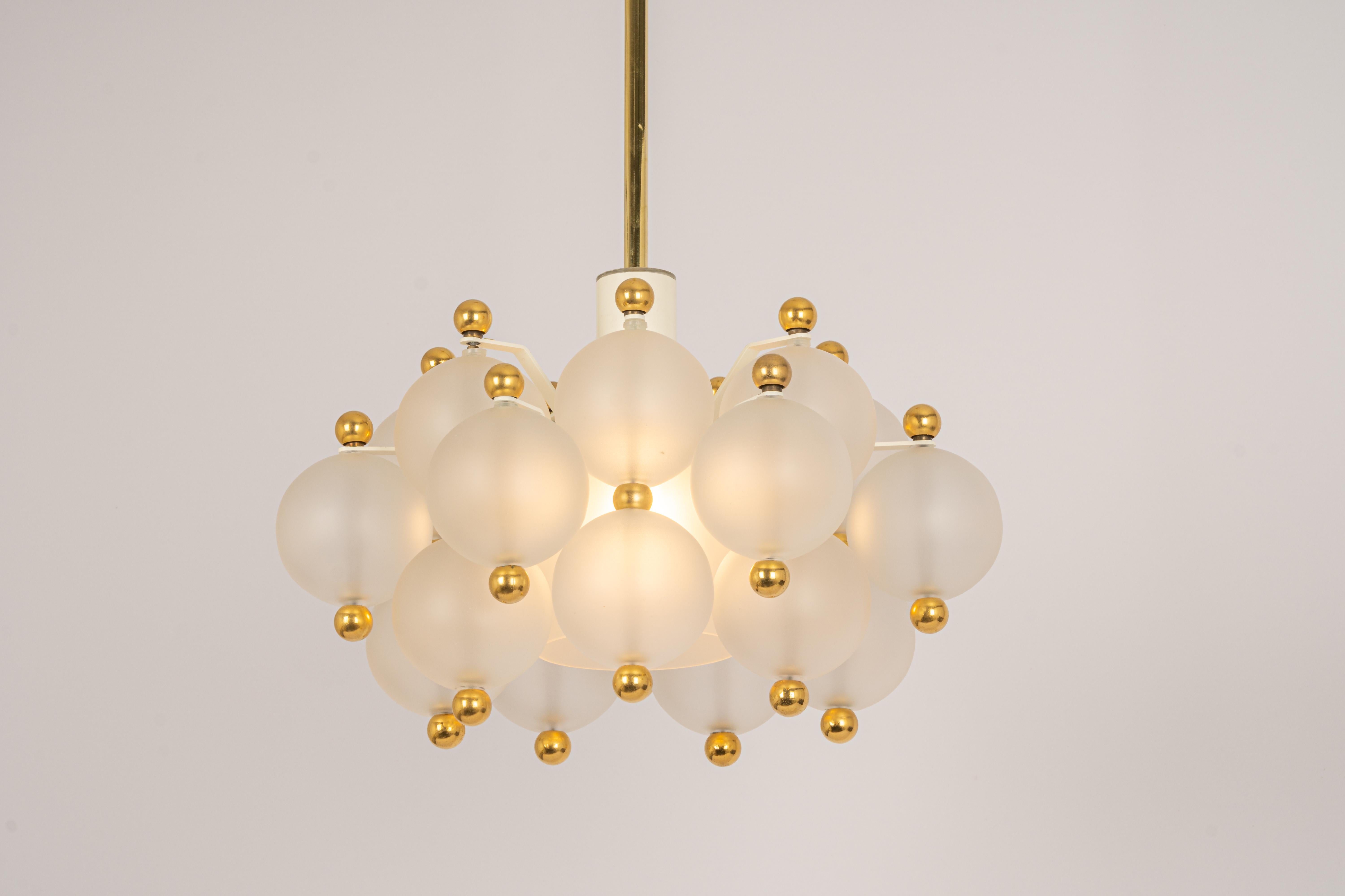 Large Frosted Glass and Brass Chandelier by Kinkeldey, Germany, 1970s For Sale 5