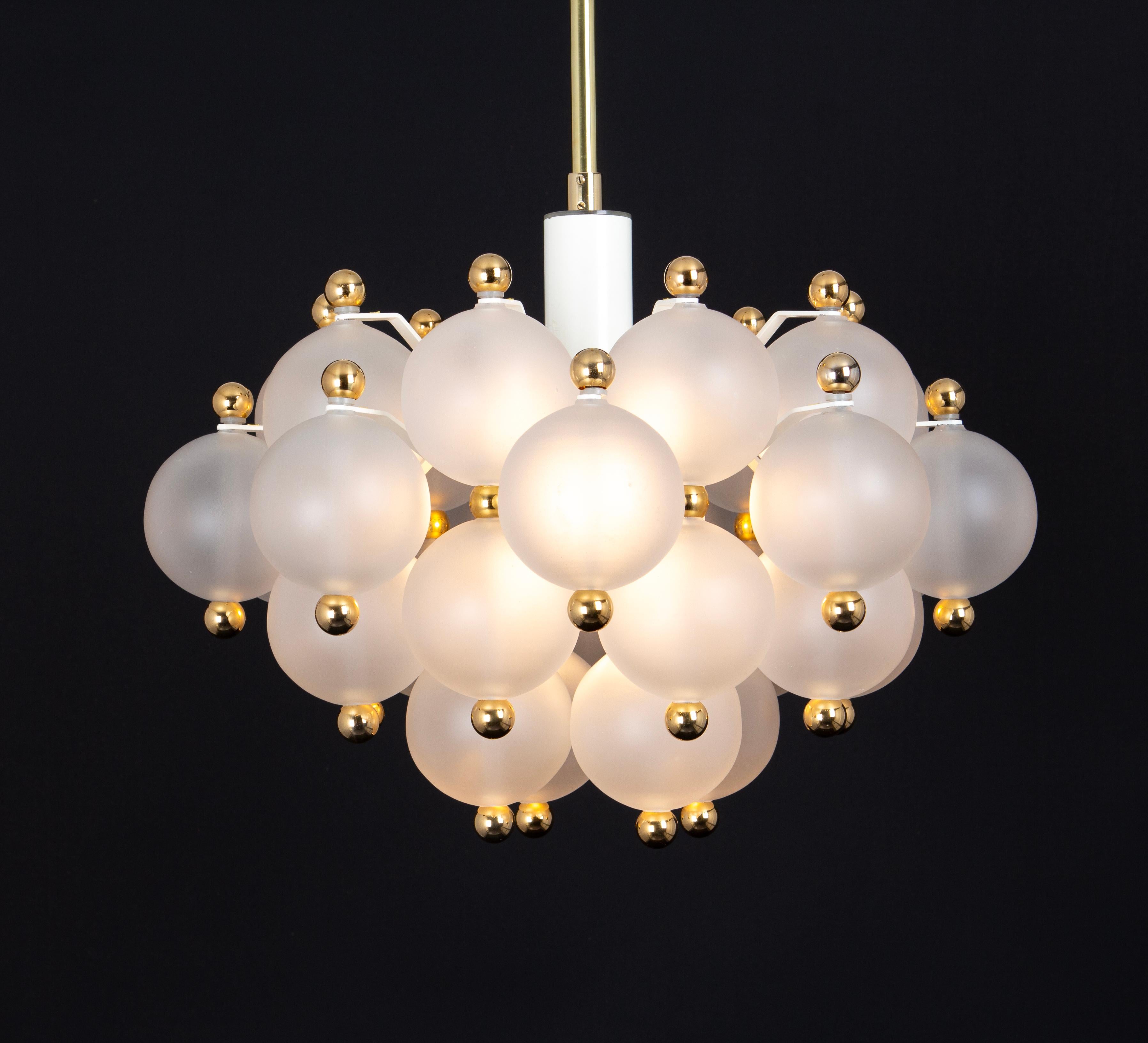 Large Frosted Glass and Brass Chandelier by Kinkeldey, Germany, 1970s For Sale 7