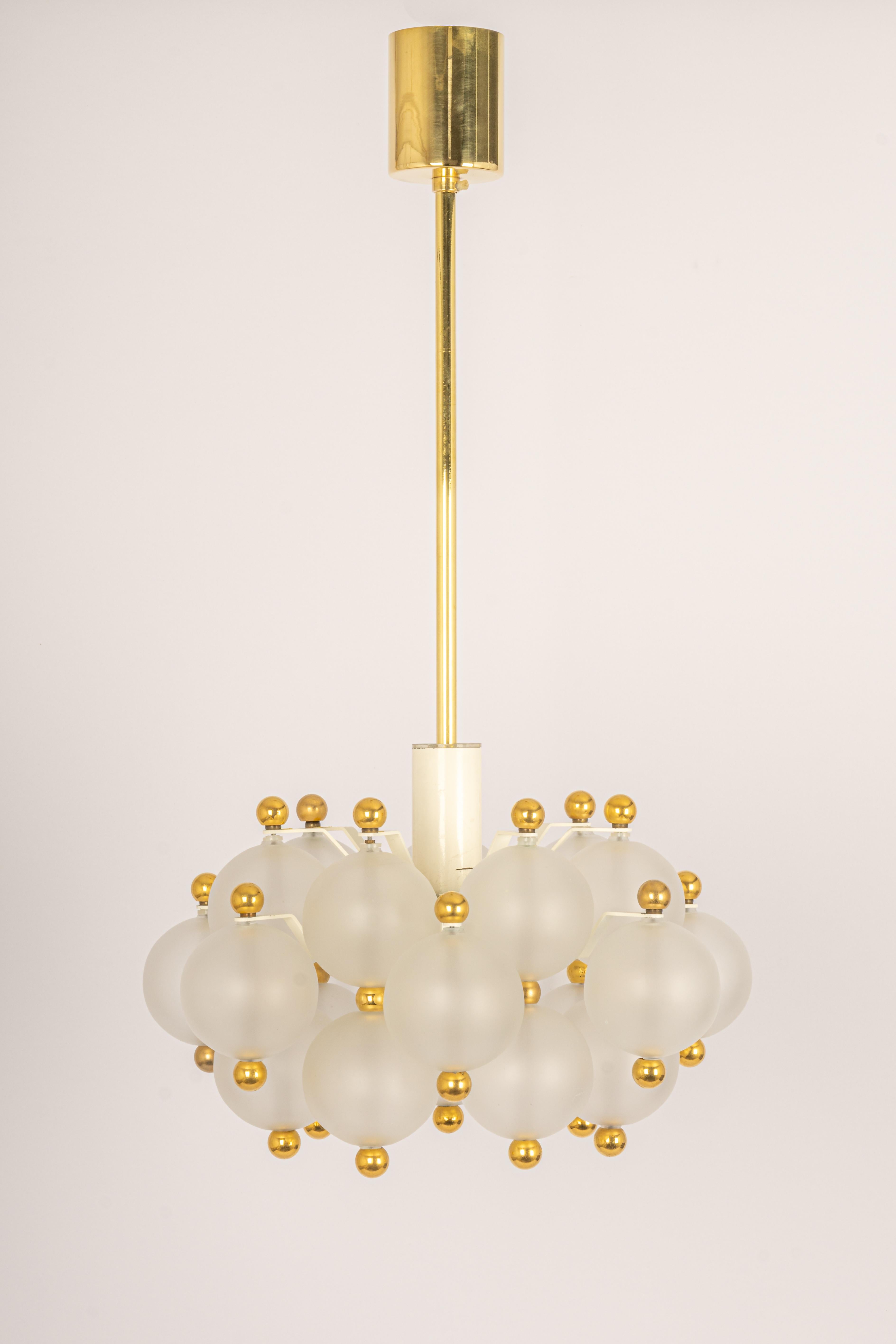 Late 20th Century Large Frosted Glass and Brass Chandelier by Kinkeldey, Germany, 1970s For Sale