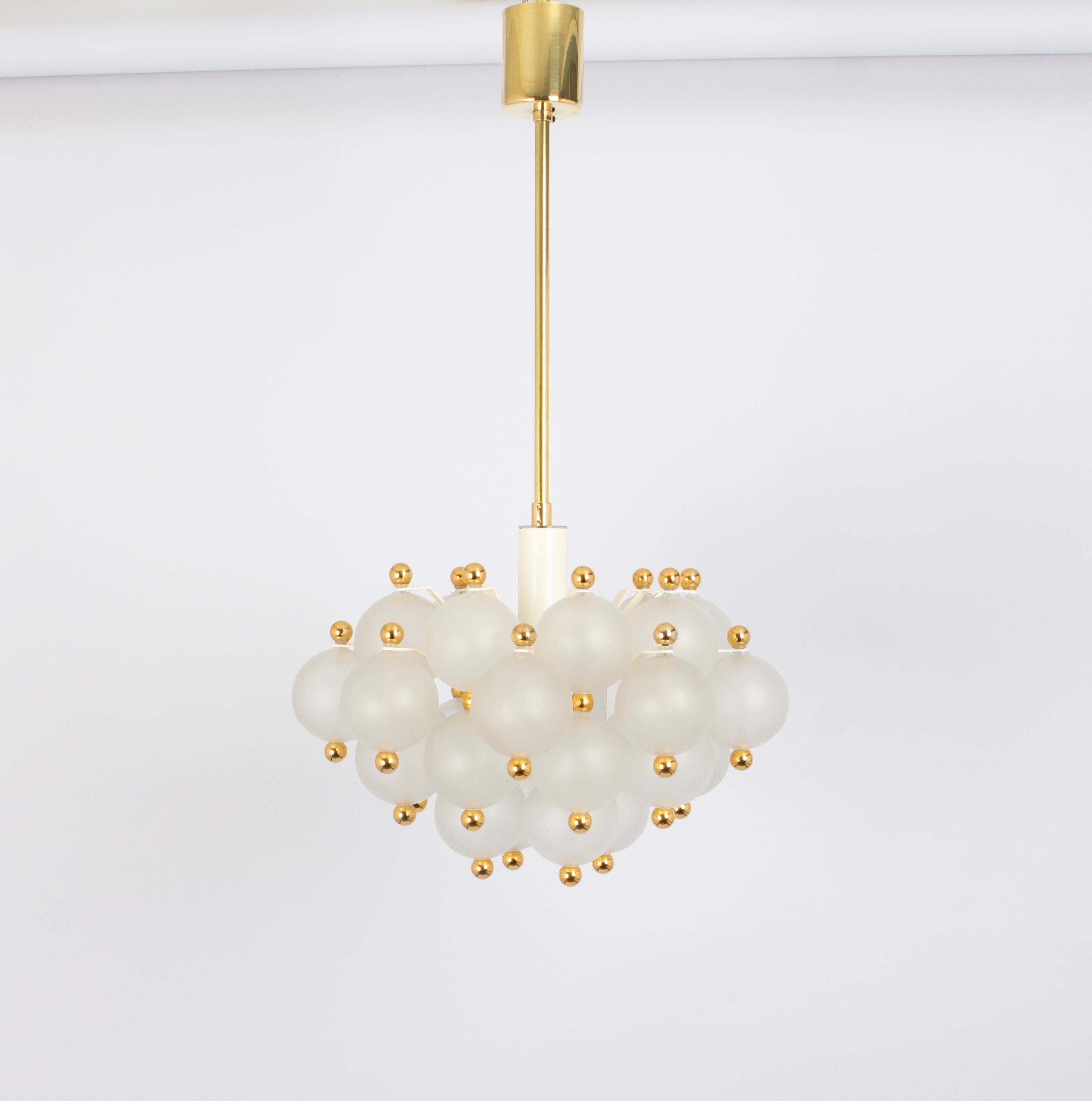 Large Frosted Glass and Brass Chandelier by Kinkeldey, Germany, 1970s For Sale 1