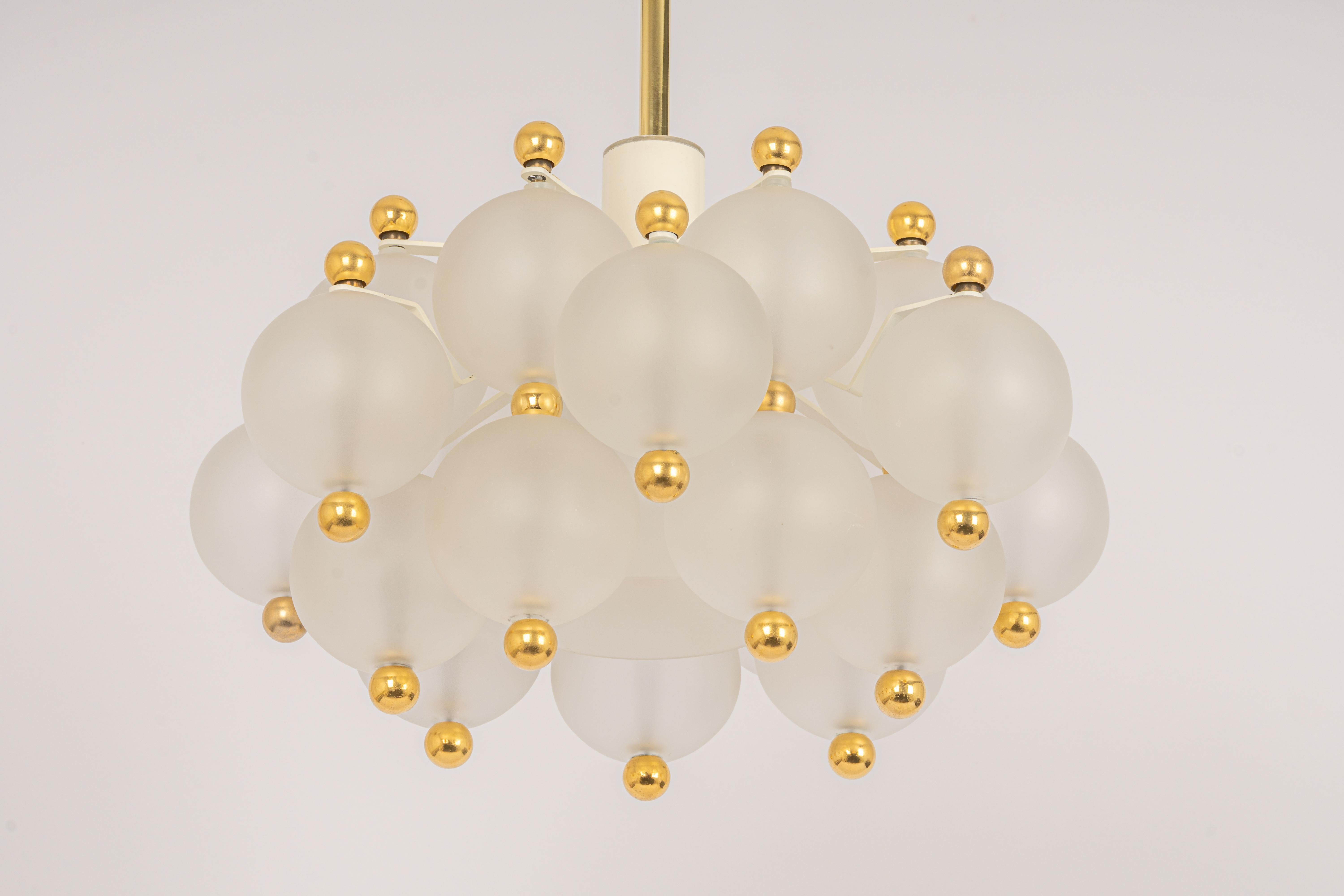 Large Frosted Glass and Brass Chandelier by Kinkeldey, Germany, 1970s For Sale 1