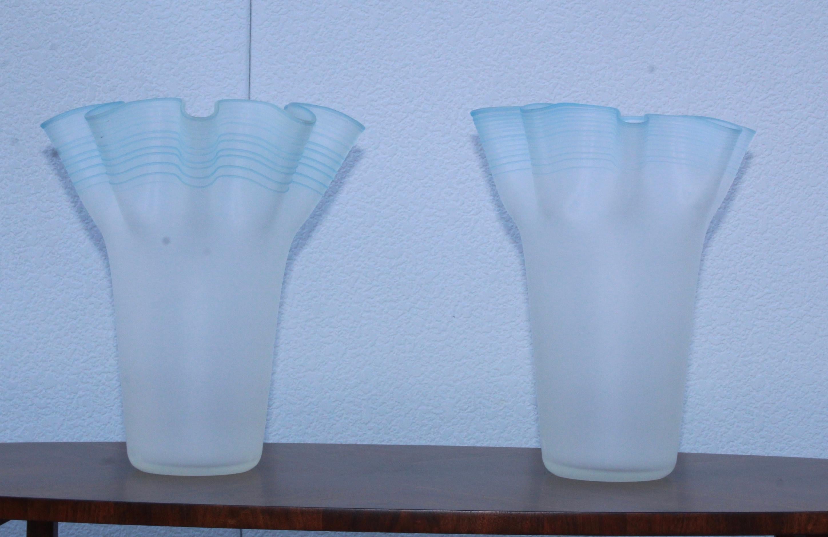 Stunning pair of large hand blown frosted glass handkerchief Italian vases.