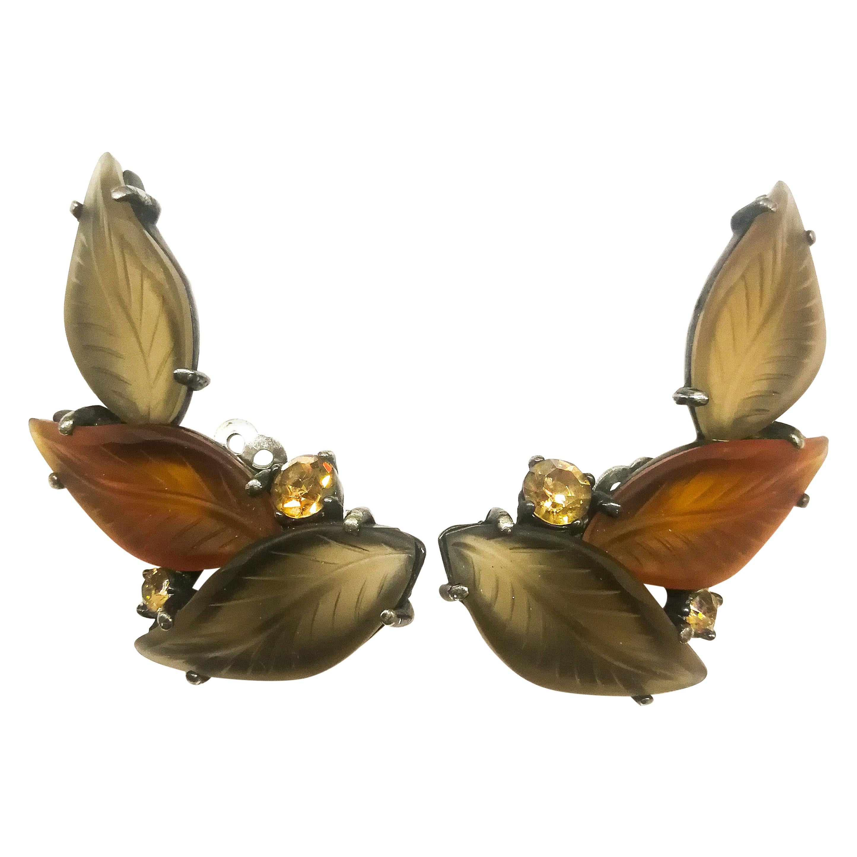 Large frosted glass 'three leaf' earrings, Elsa Schiaparelli, USA, c.1954 For Sale