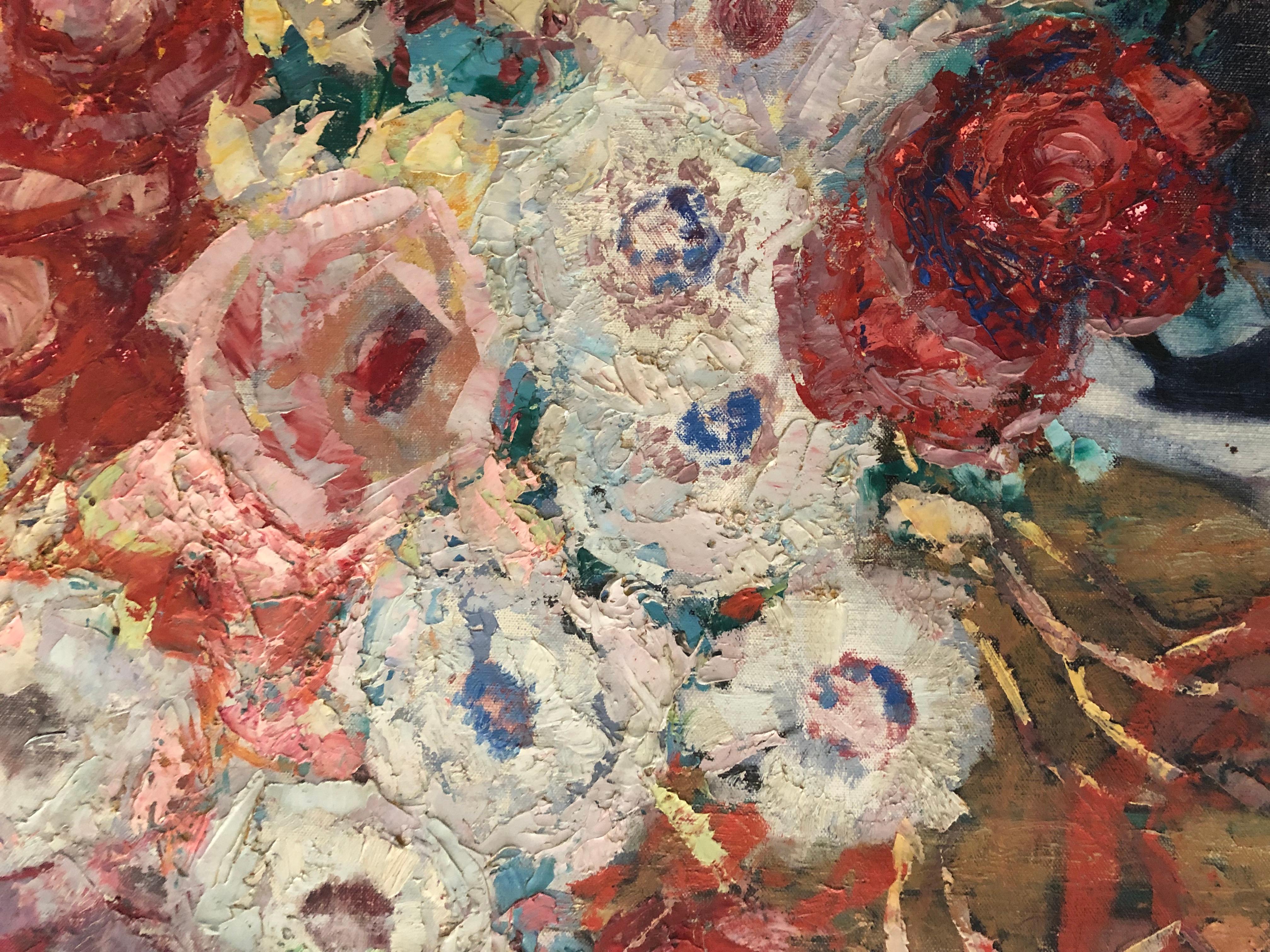 Canvas Large Fruit and Floral Still Life Painting by Pol van de Broek, 1922