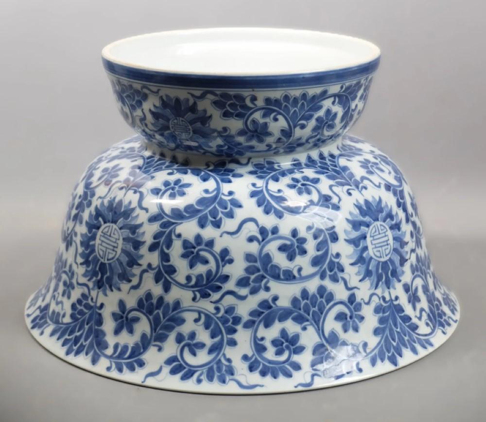 Ceramic Large fruit Bowl Cup Basin on pedestal blue white porcelain - Qing Style - China For Sale