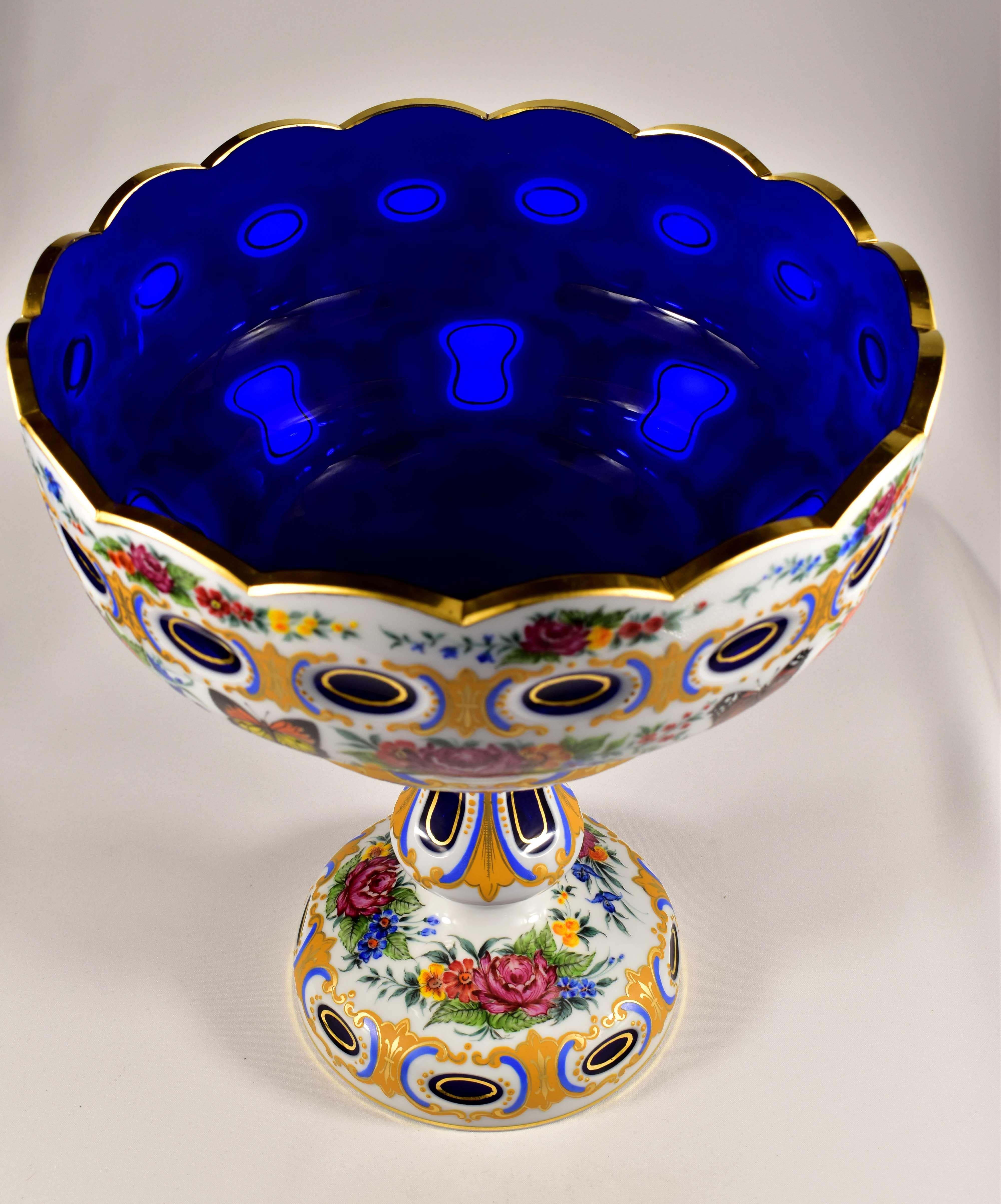 Large Fruit Bowl, Overlay Blue and Opal Glass, Bohemian Glass 20th Century For Sale 11
