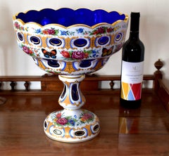 Large Fruit Bowl, Overlay Blue and Opal Glass, Bohemian Glass 20th Century