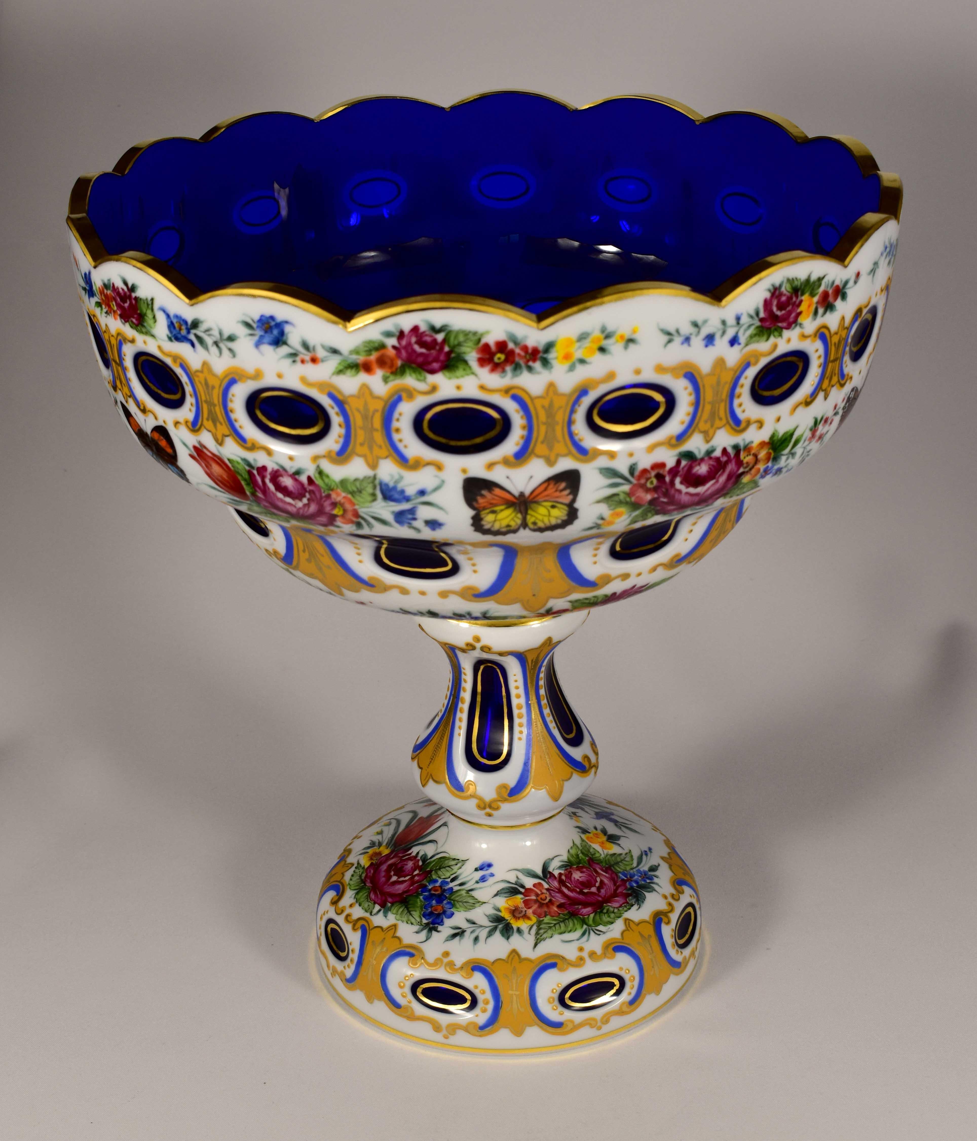 Hand-Crafted Large Fruit Bowl, Overlay Blue and Opal Glass, Bohemian Glass 20th Century For Sale