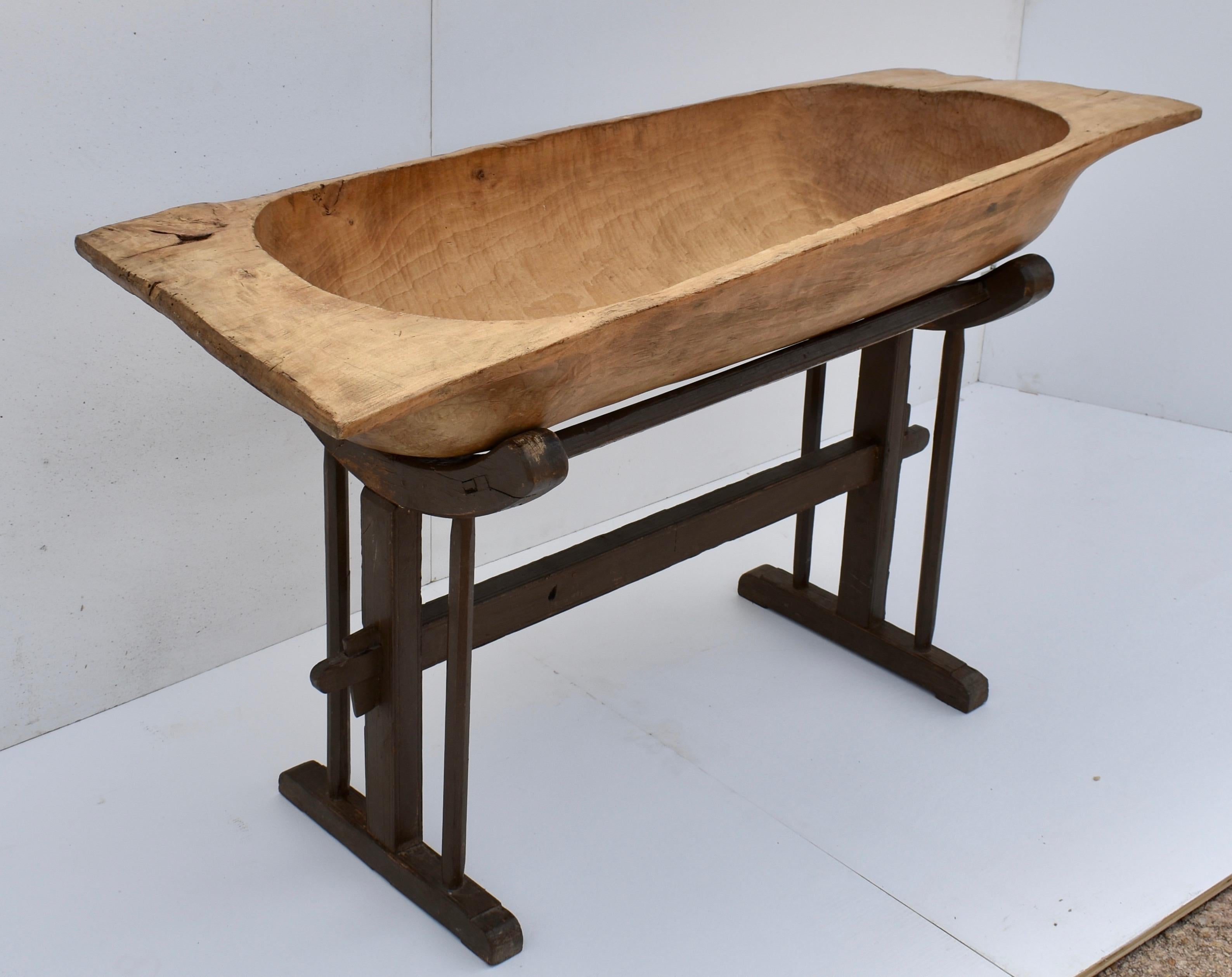 Primitive Large Fruitwood Trog or Dough Bowl on Oak Stand