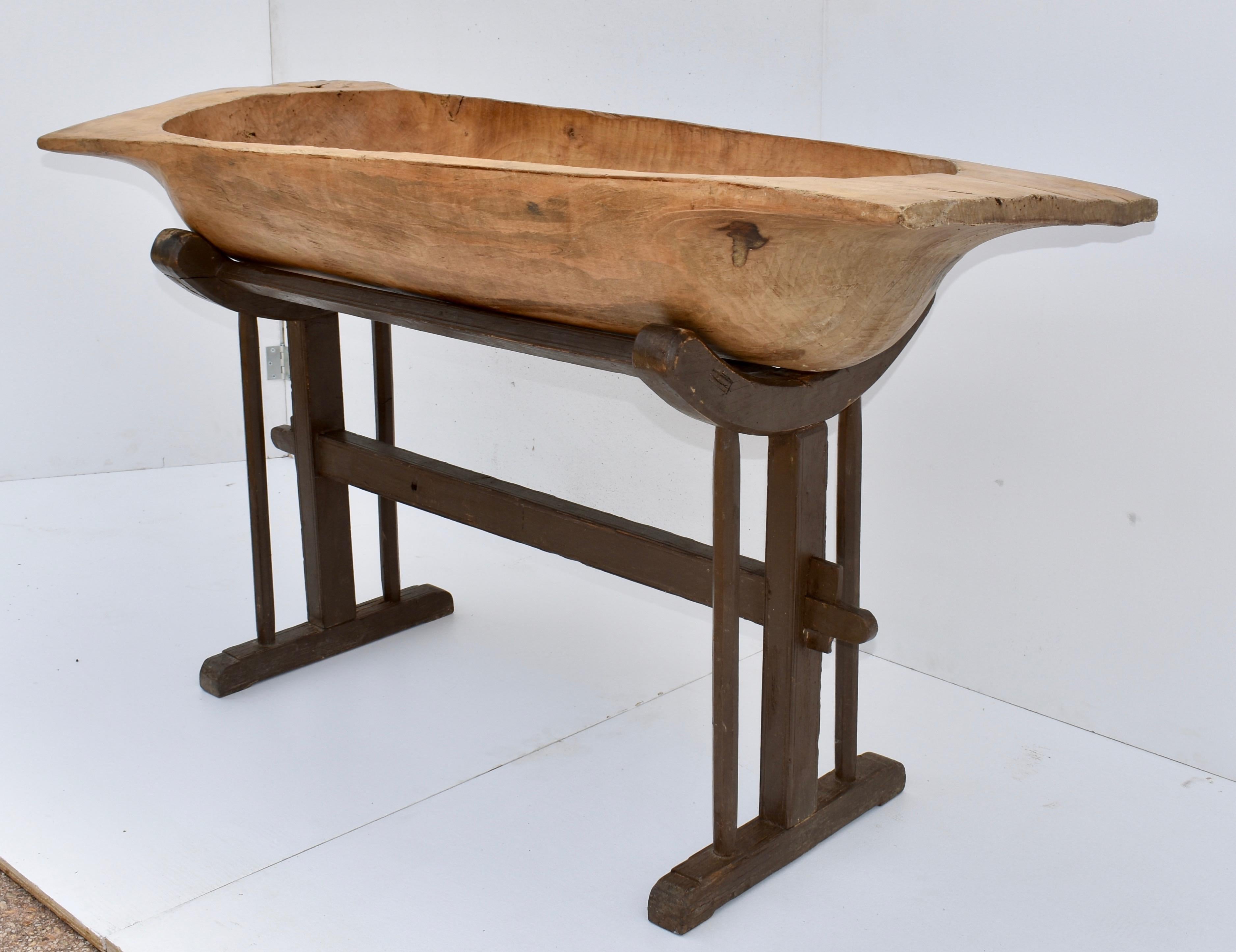 Hungarian Large Fruitwood Trog or Dough Bowl on Oak Stand
