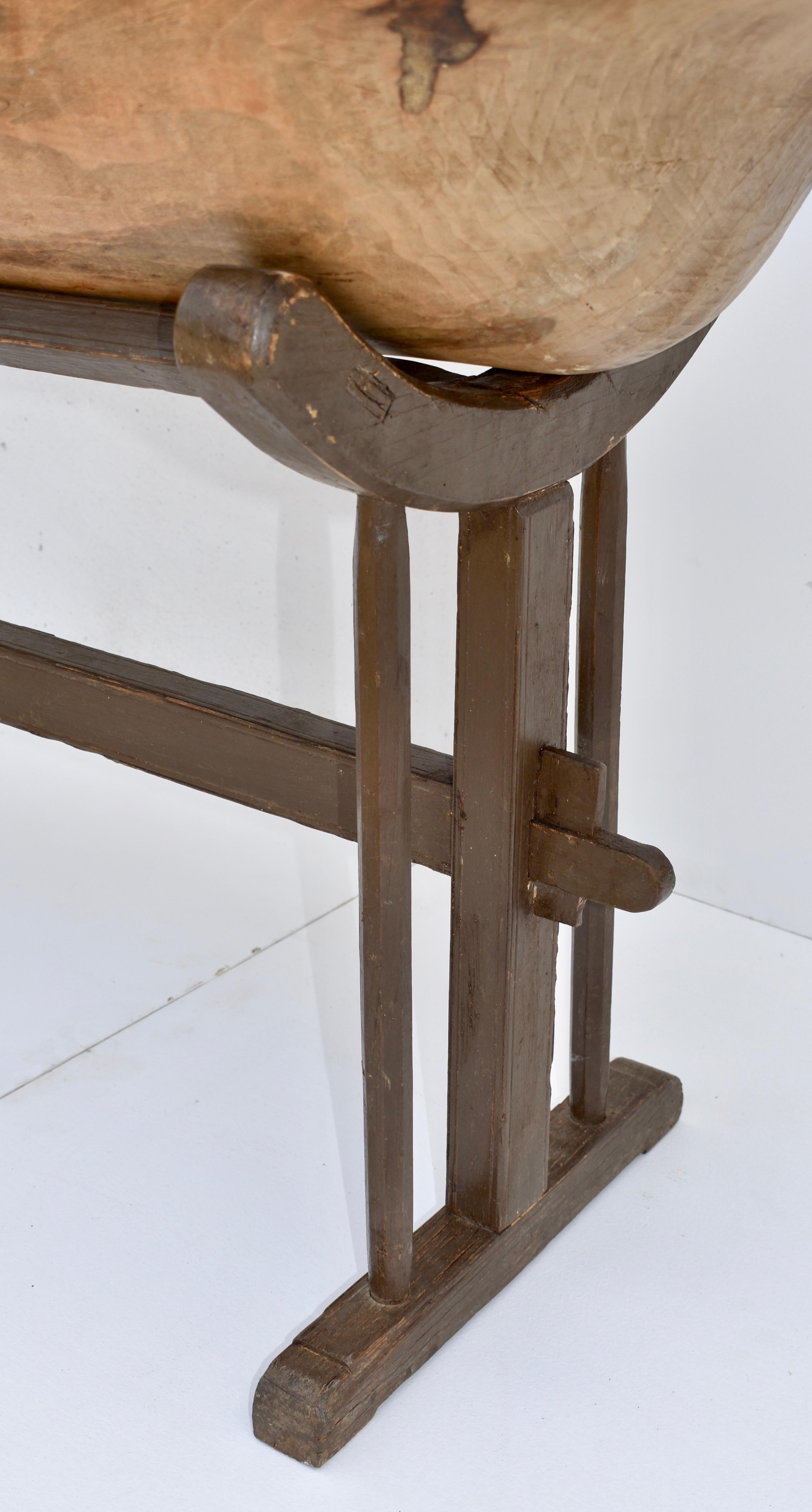 Polished Large Fruitwood Trog or Dough Bowl on Oak Stand