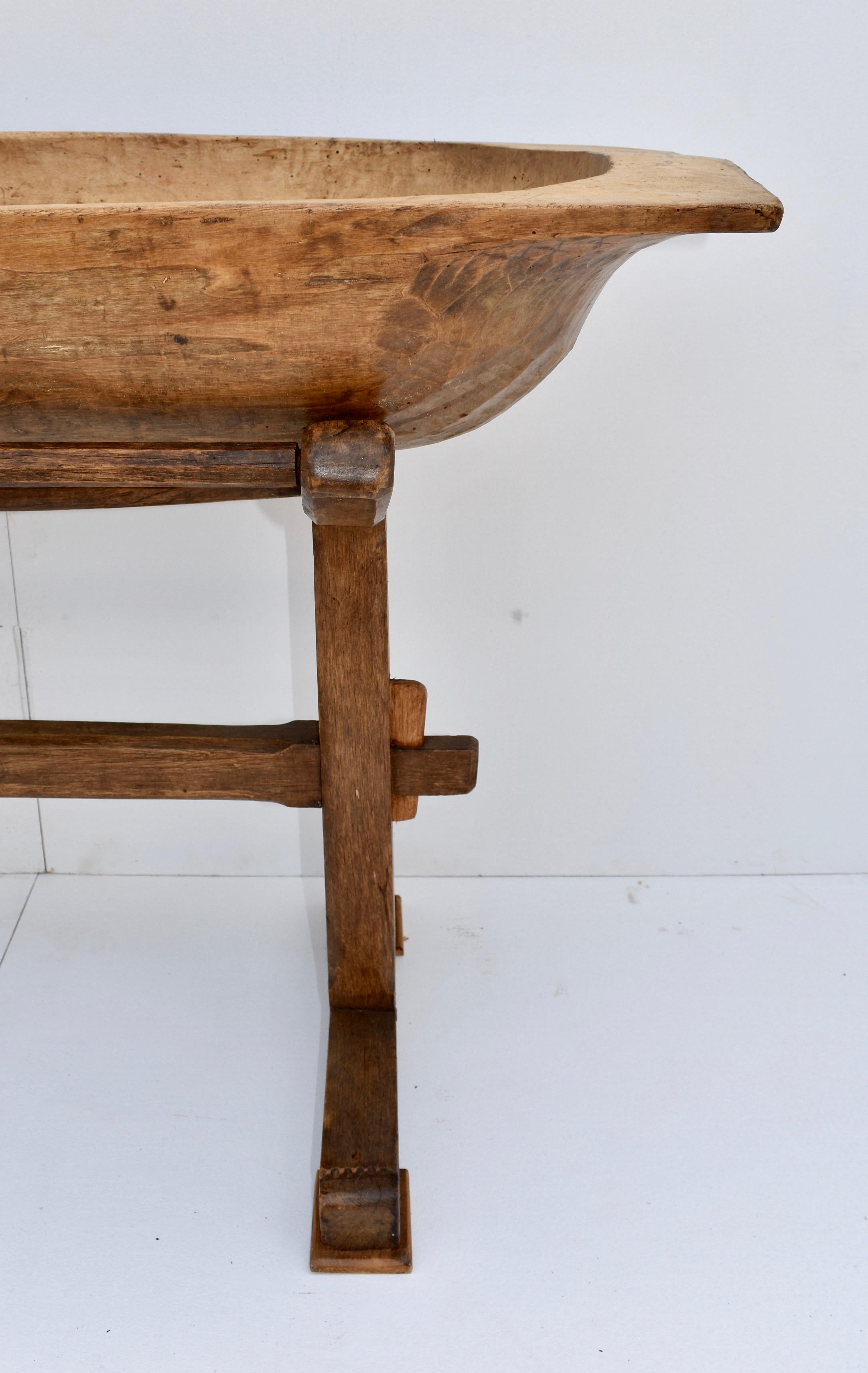 Rustic Large Fruitwood Trog or Dough Bowl on Oak Stand