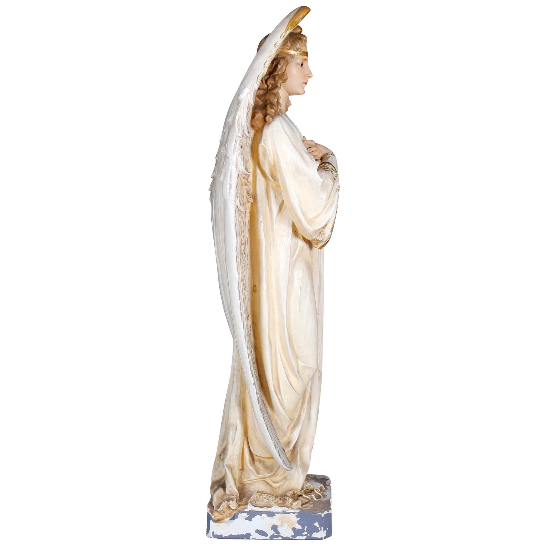 Painted Life Size Polychrome Cast Plaster Angel Statues by Daprato
