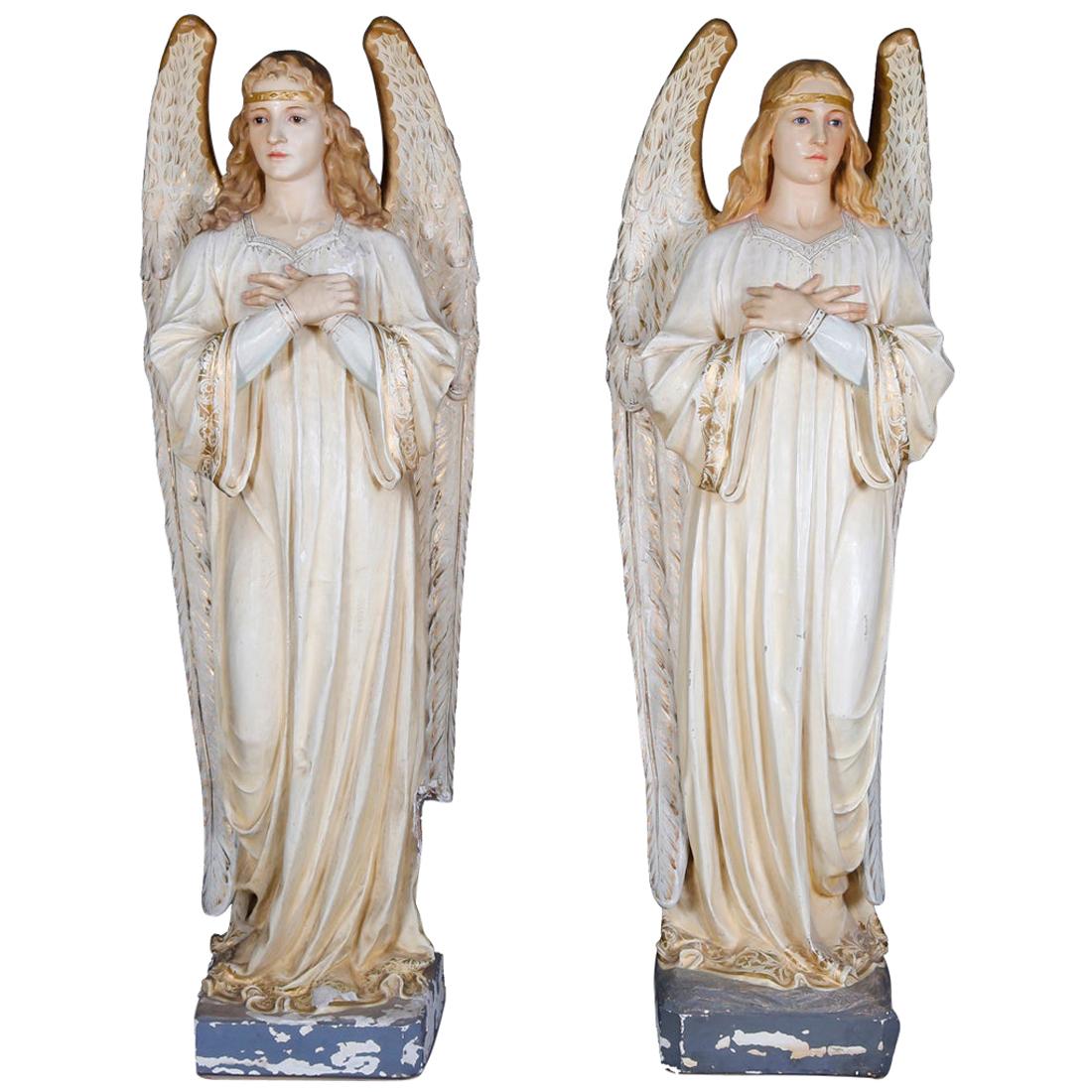 Life Size Polychrome Cast Plaster Angel Statues by Daprato