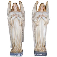 Antique Life Size Polychrome Cast Plaster Angel Statues by Daprato