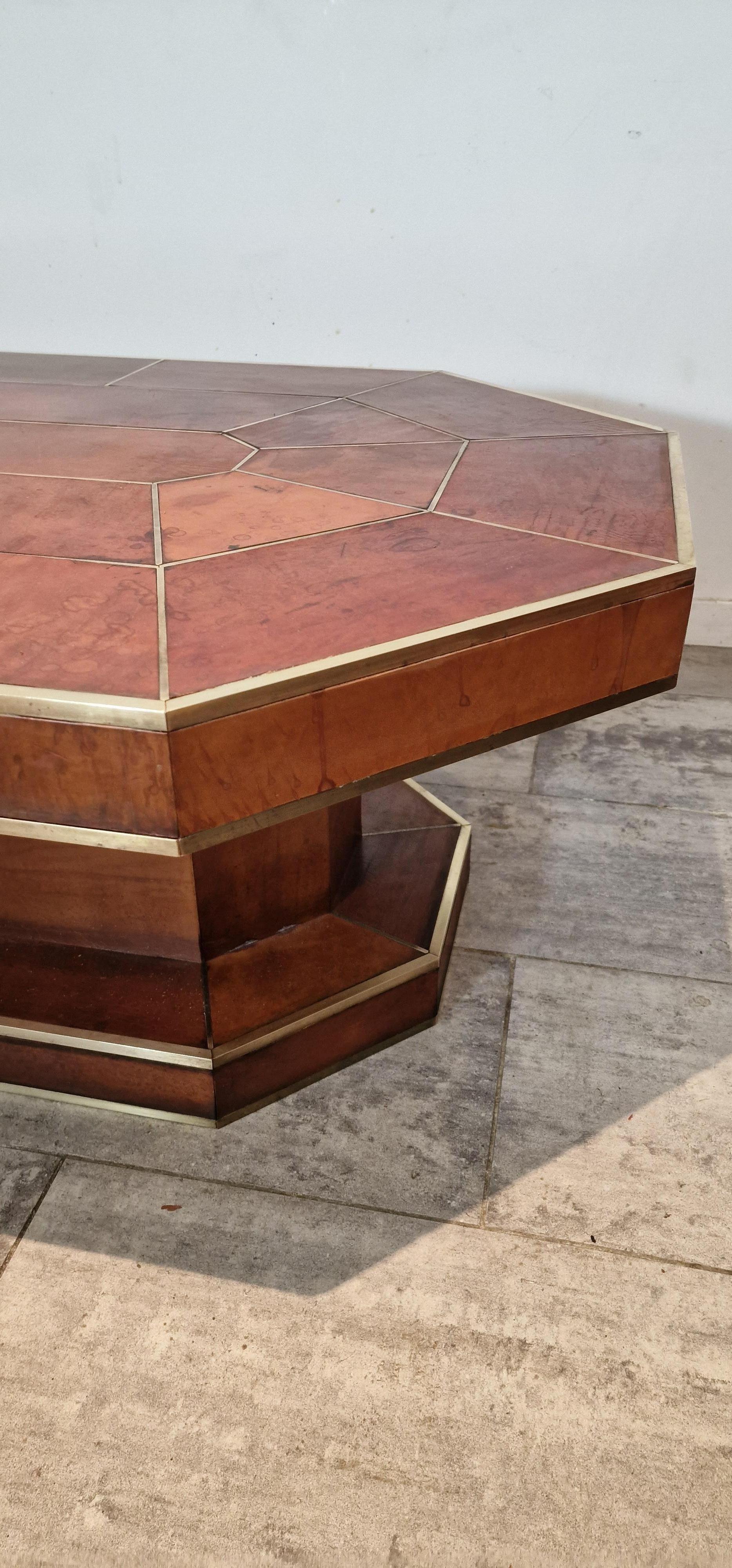 Late 20th Century Large Full Leather Brown Coffee Table with Brass Details from, France For Sale
