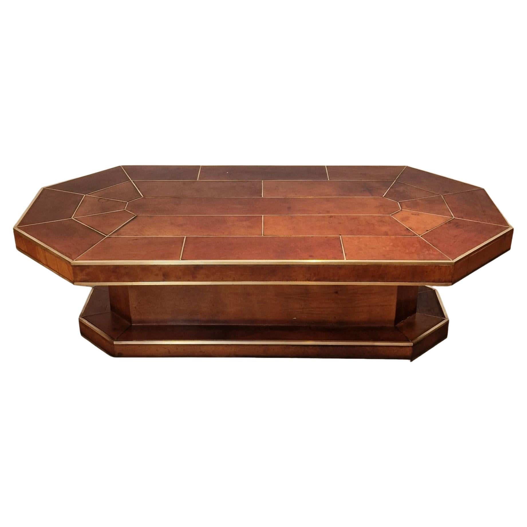 Large Full Leather Brown Coffee Table with Brass Details from, France