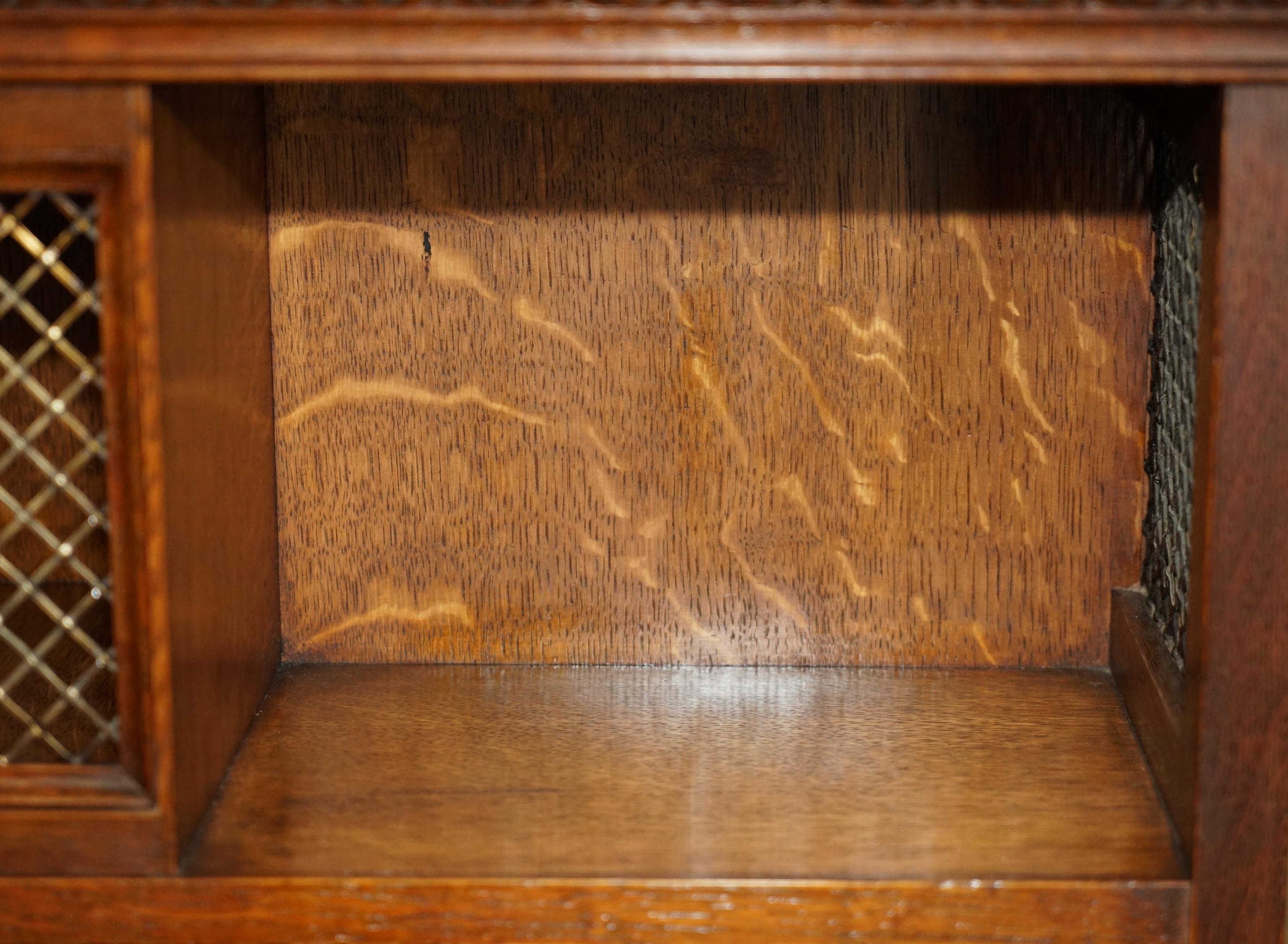 Large Fully Restored Antique Oak & Fret Brass Panel Revolving Bookcase Table 4