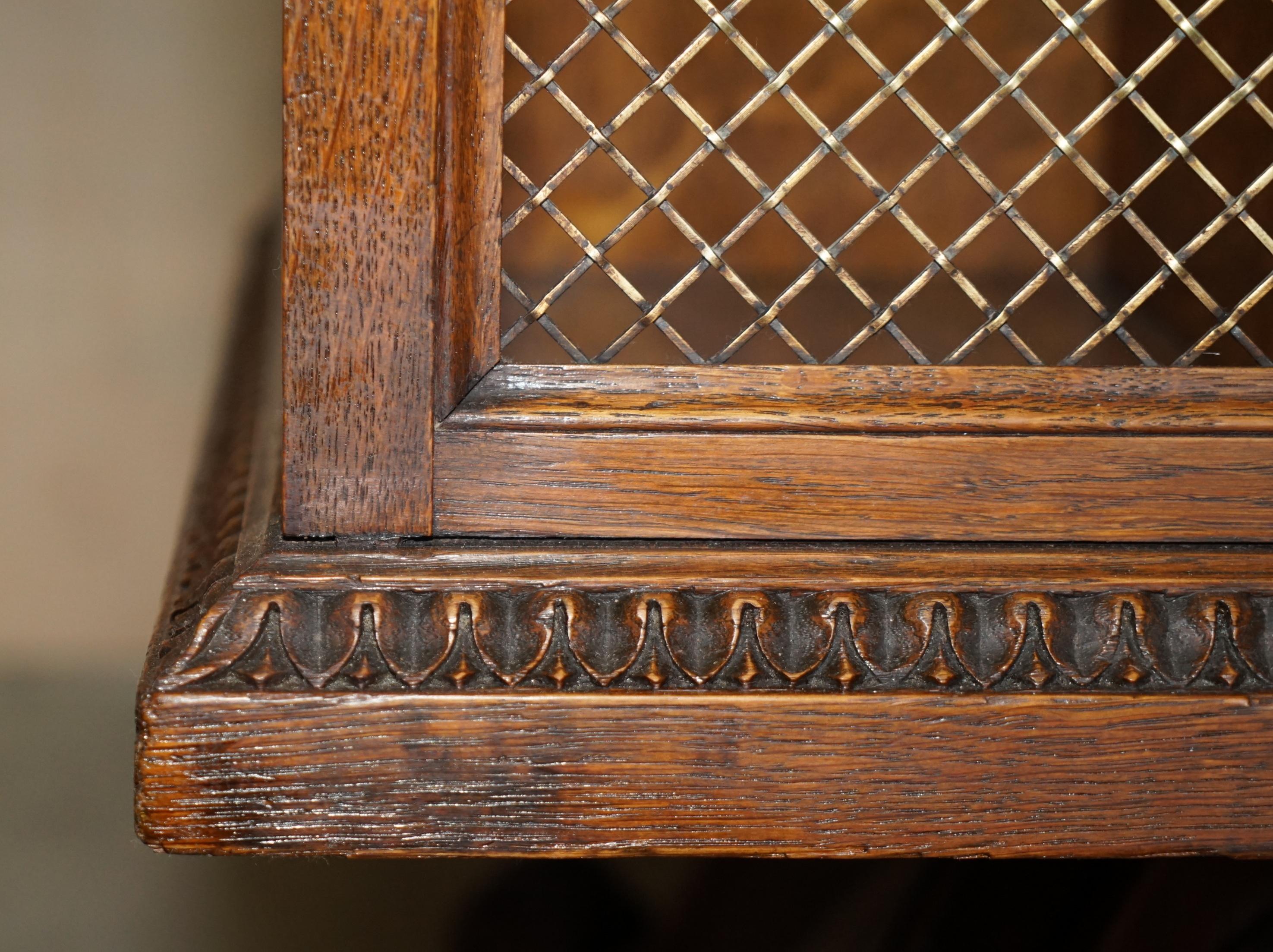 Large Fully Restored Antique Oak & Fret Brass Panel Revolving Bookcase Table 8