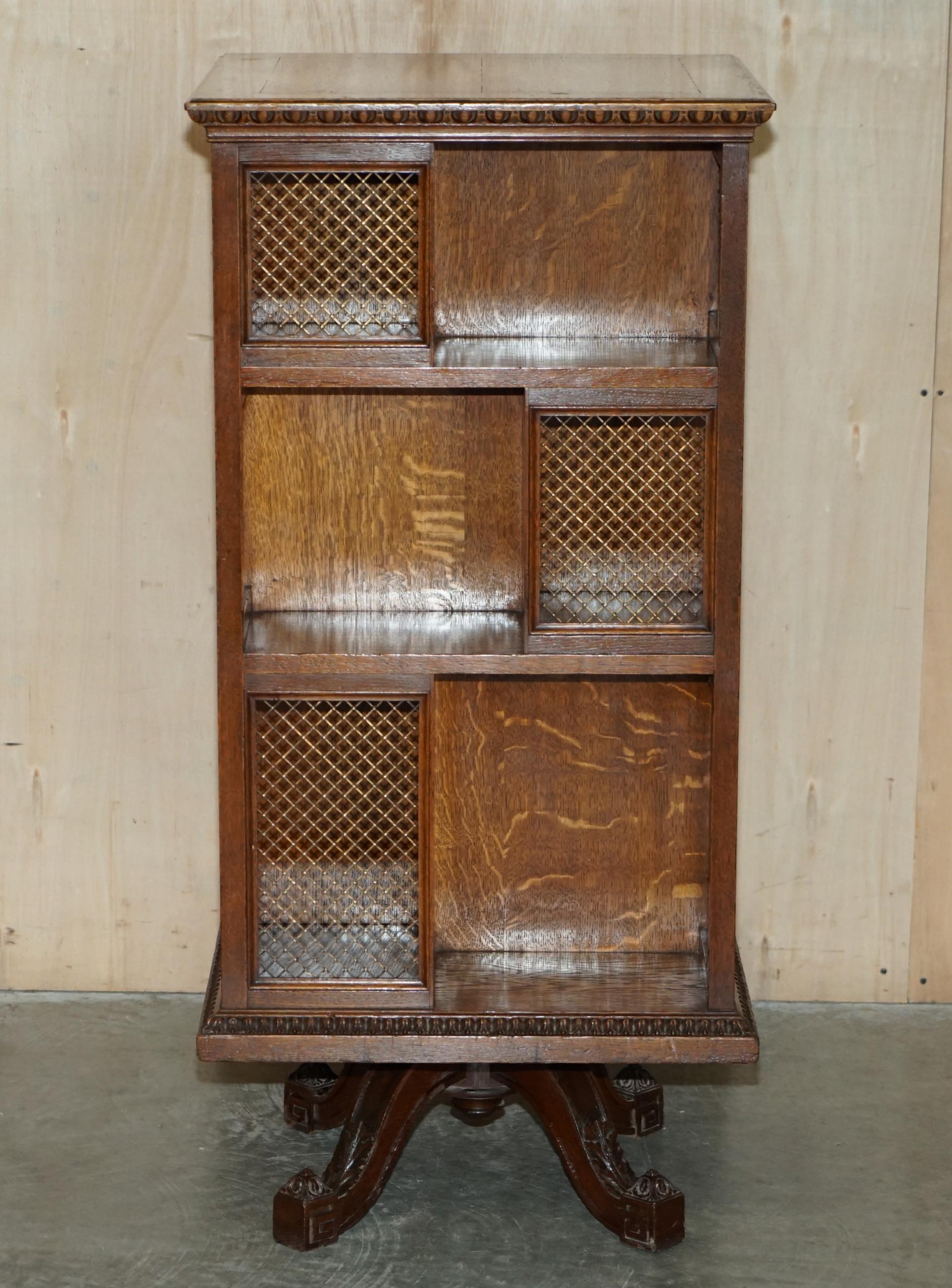 Large Fully Restored Antique Oak & Fret Brass Panel Revolving Bookcase Table 13