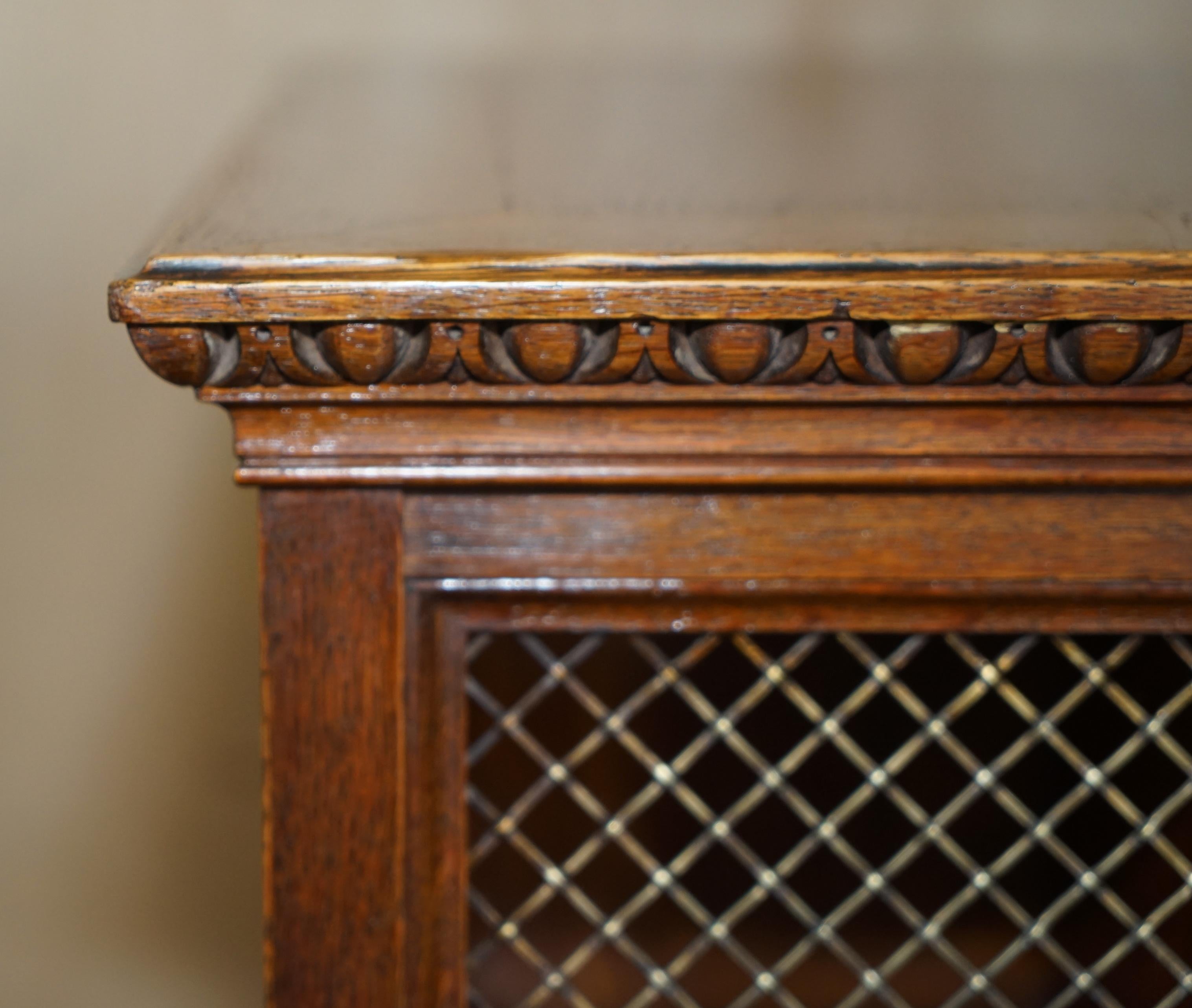 Large Fully Restored Antique Oak & Fret Brass Panel Revolving Bookcase Table 2