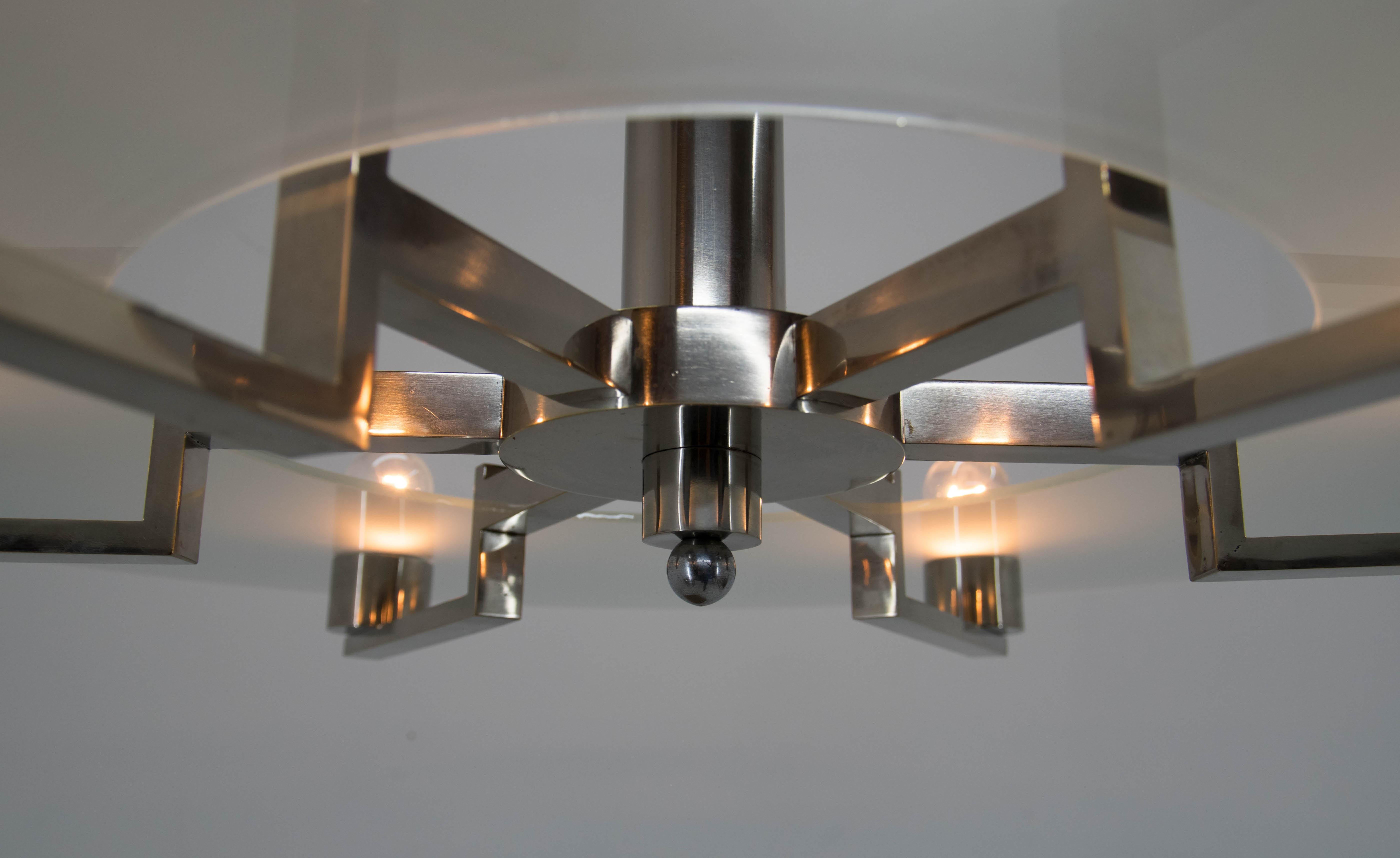 Large Functionalist 6-Flamming Nickel-Plated Chandelier, 1930s For Sale 3