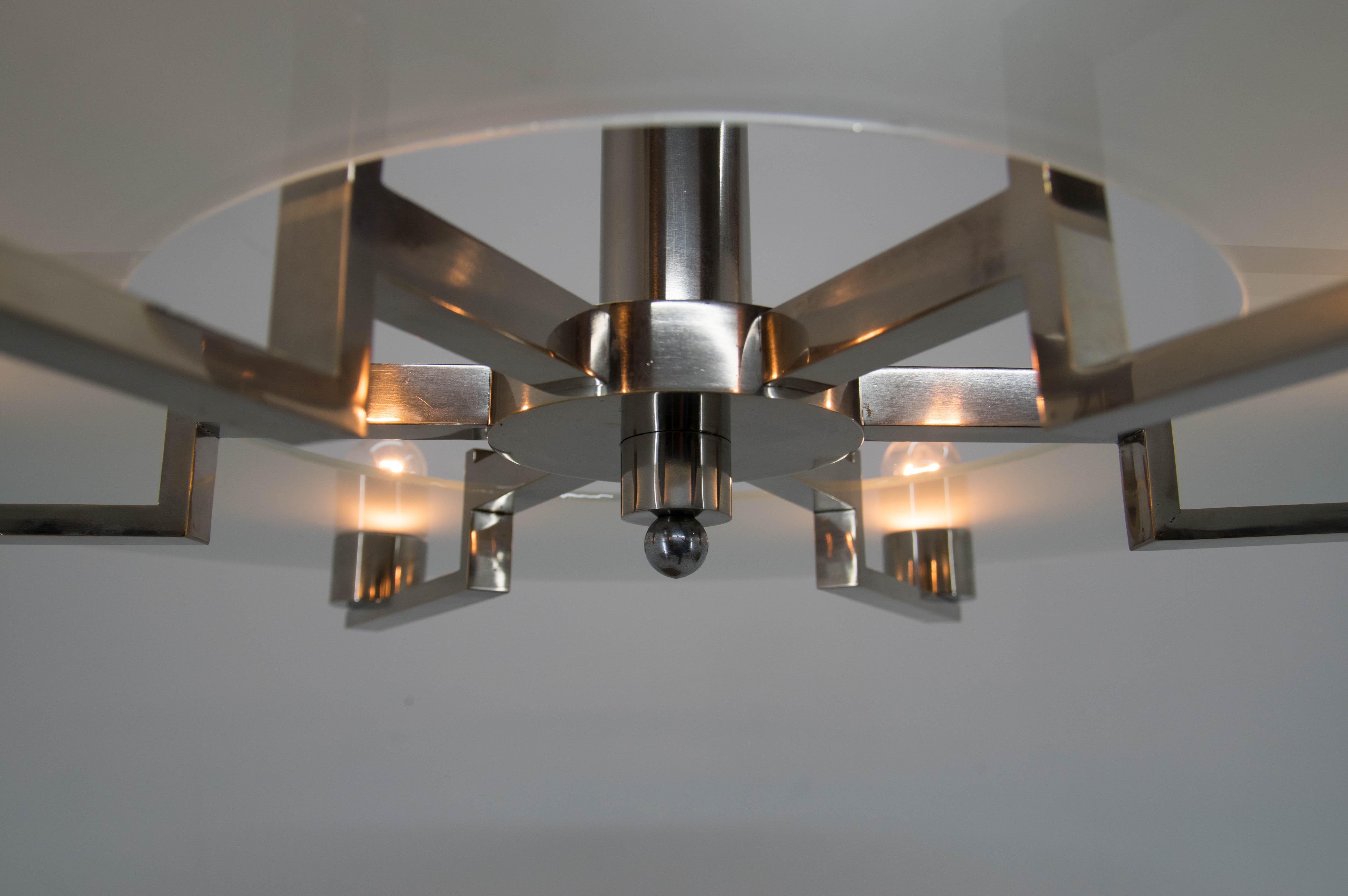 Large Functionalist 6-Flamming Nickel-Plated Chandelier, 1930s For Sale 3